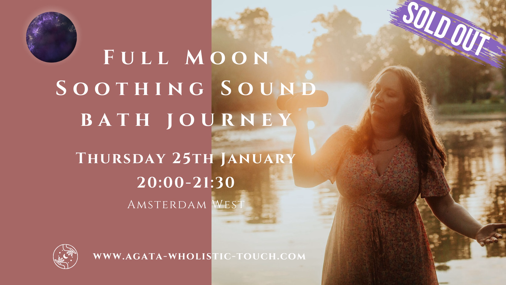 "Full Moon Soothing Sound Bath Journey" poster with woman holding crystal bowl by water