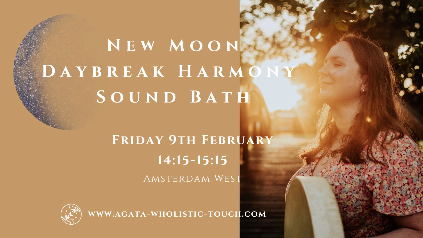 "New Moon Daybreak Harmony Sound Bath" poster with a woman in a floral dress and a crescent moon