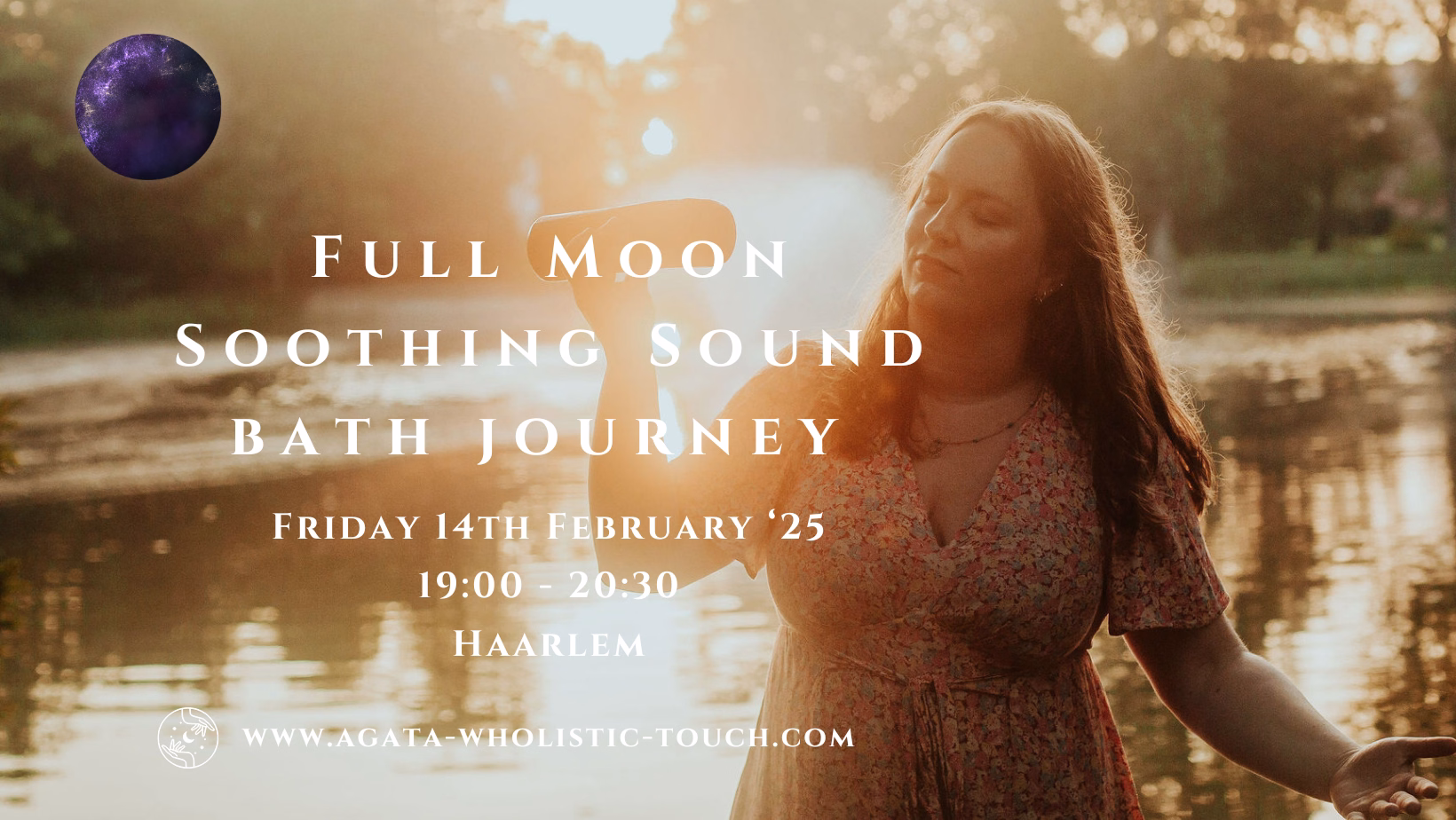 "Full Moon Soothing Sound Bath Journey" poster with woman in dress by lake