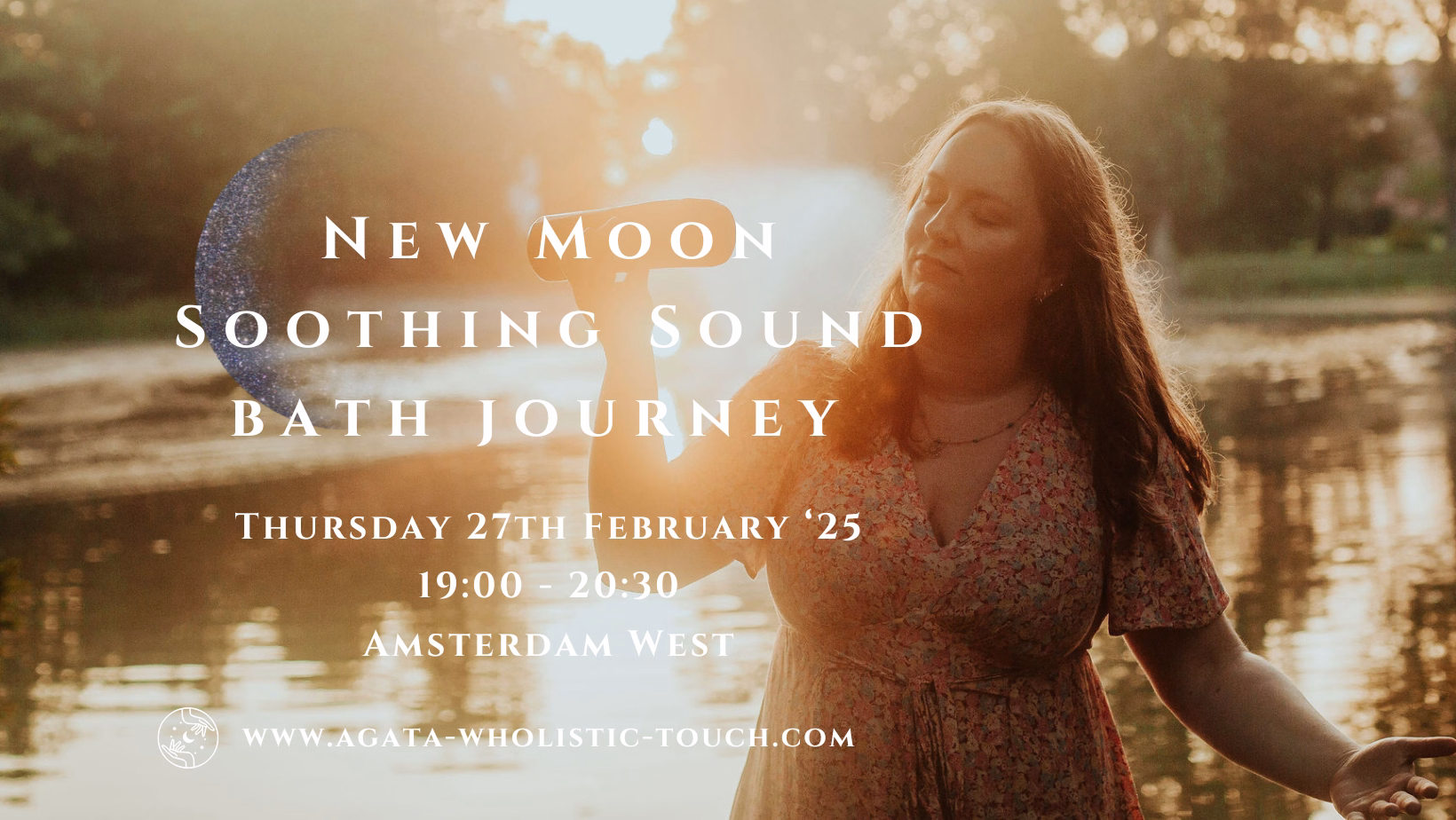"New Moon Soothing Sound Bath Journey" poster with woman holding crystal bowls by water