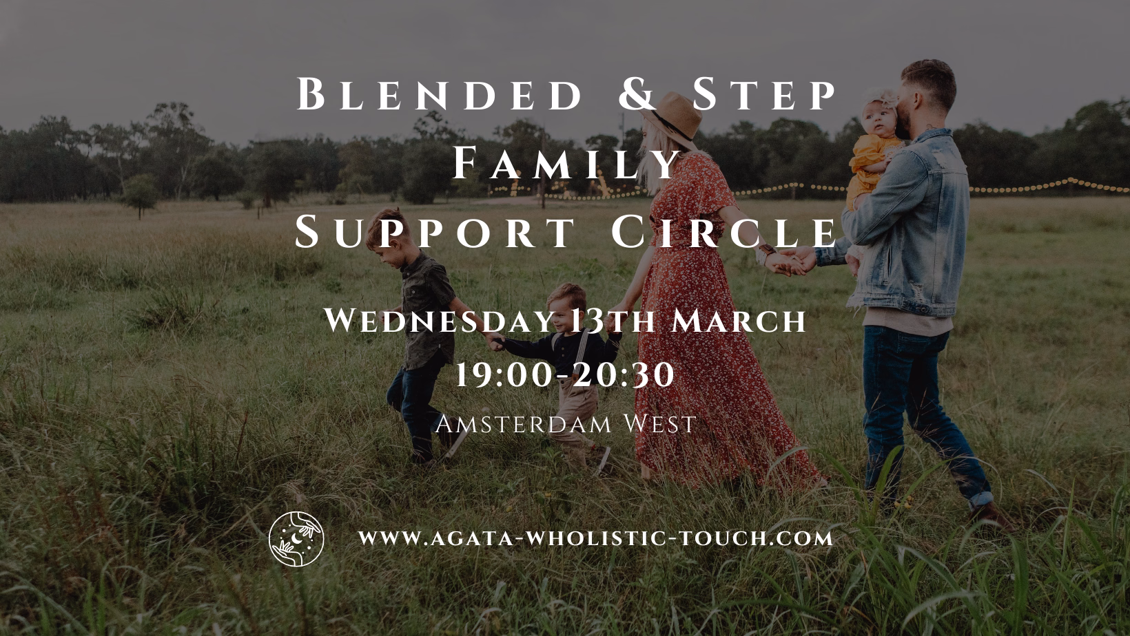 "Blended & Step Family Support Circle" poster with a family walking in a field