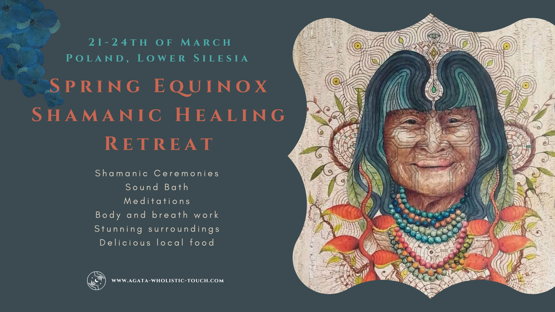 "Spring Equinox Shamanic Healing Retreat" flyer with a woman and floral design