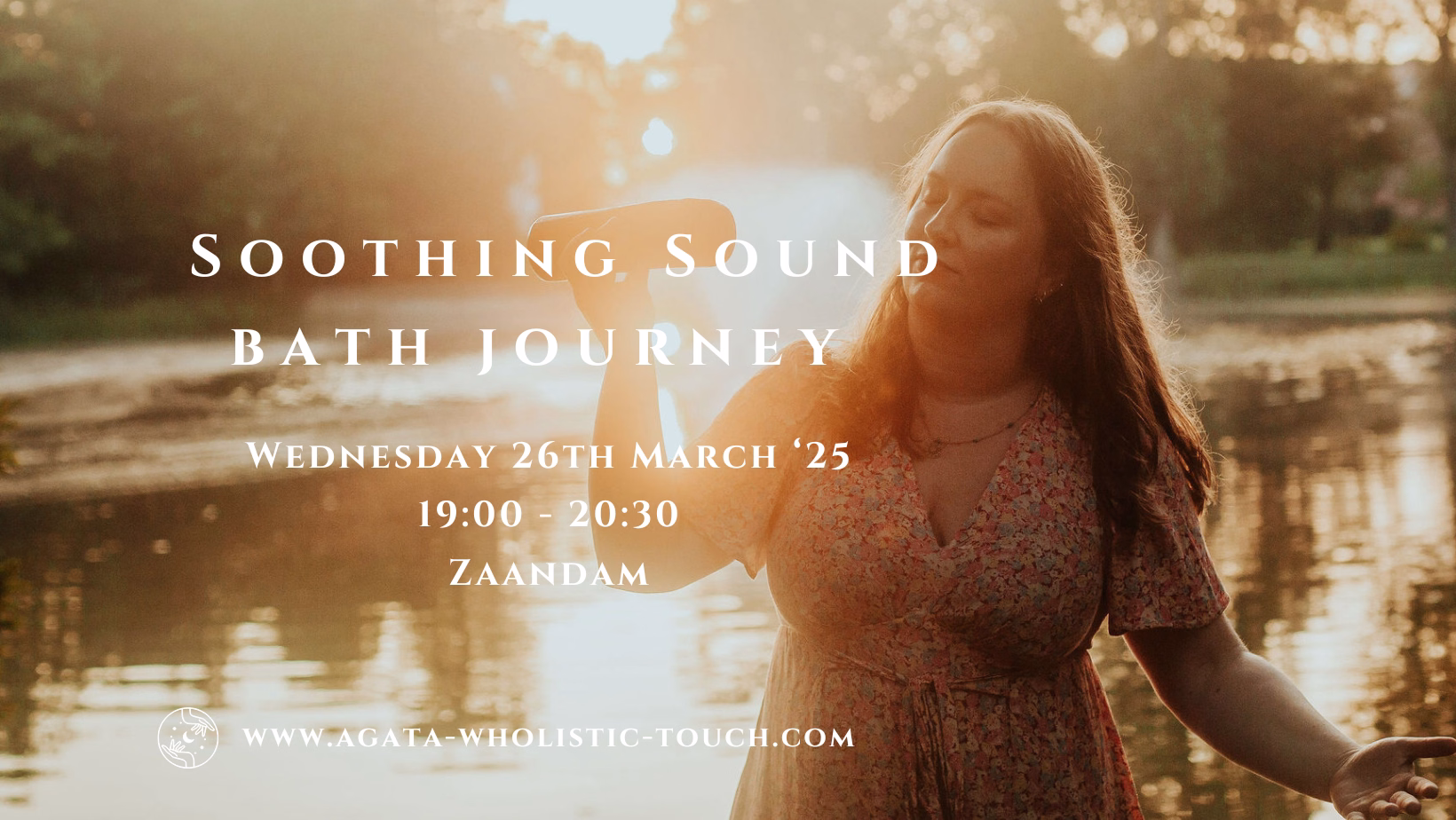 "Soothing Sound Bath Journey" poster with woman in dress by water