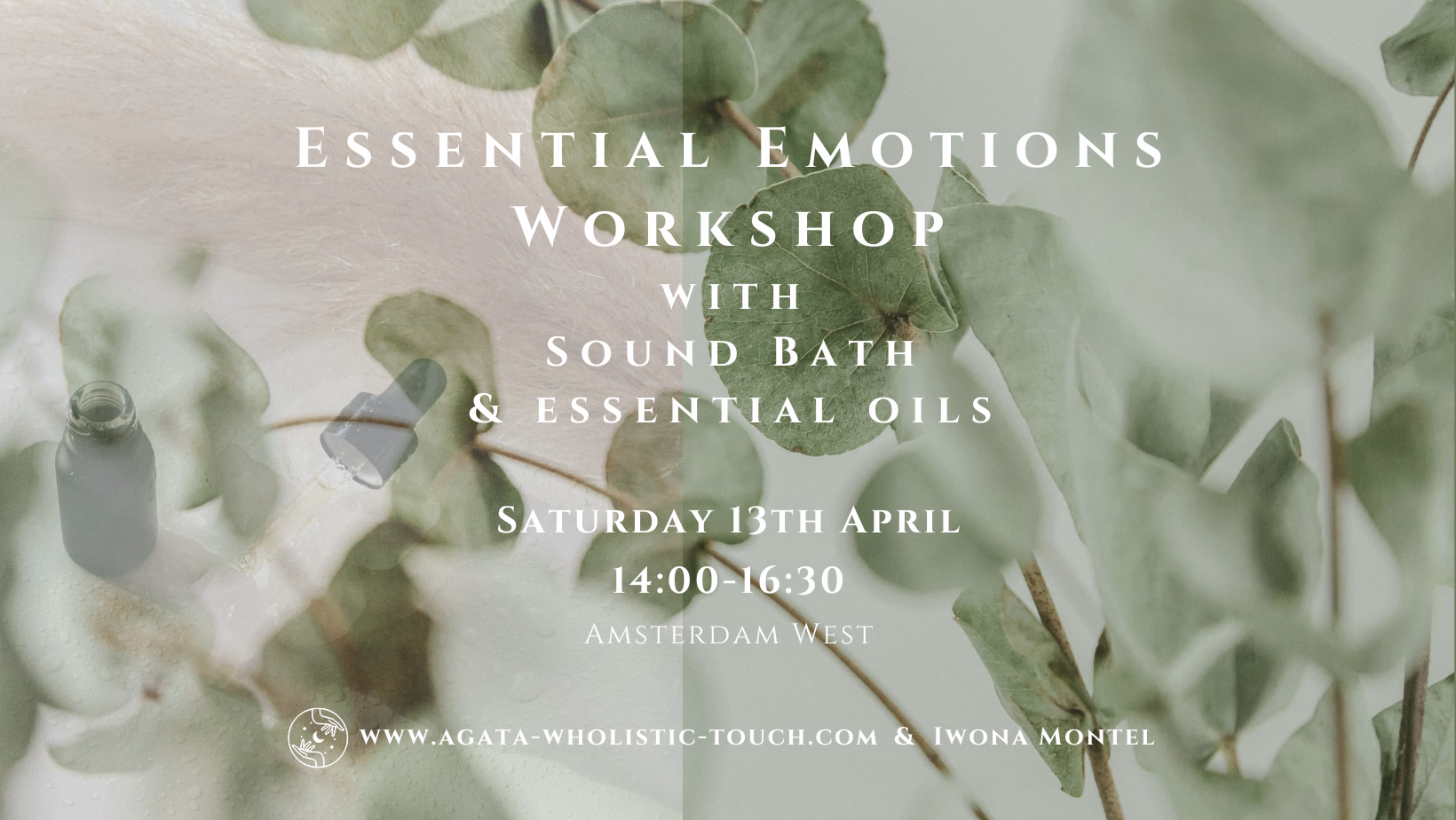 "Essential Emotions Workshop with Sound Bath & Essential Oils" poster with green leaves and essential oil bottles