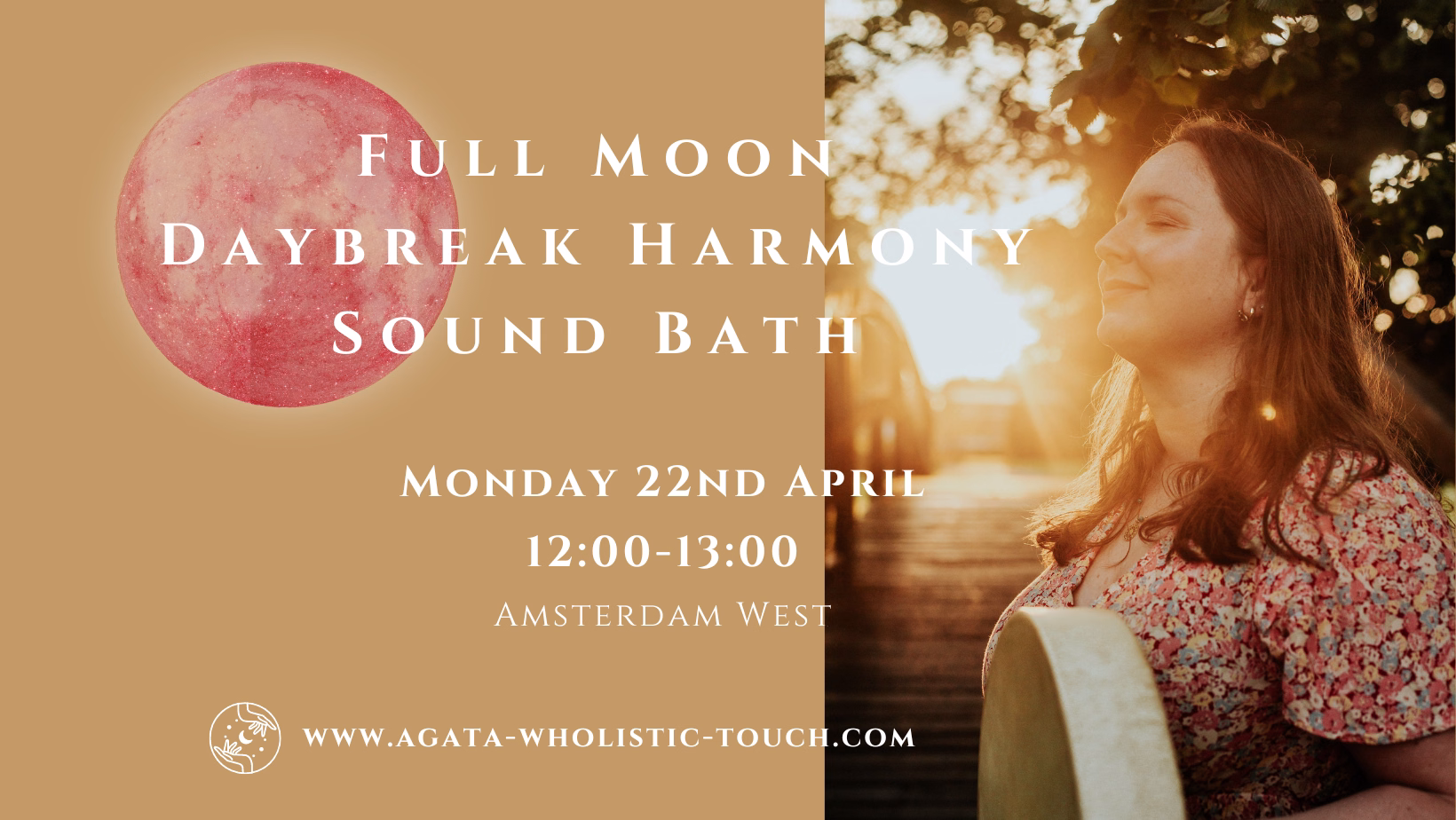 "Full Moon Daybreak Harmony Sound Bath" poster with a woman and a red moon