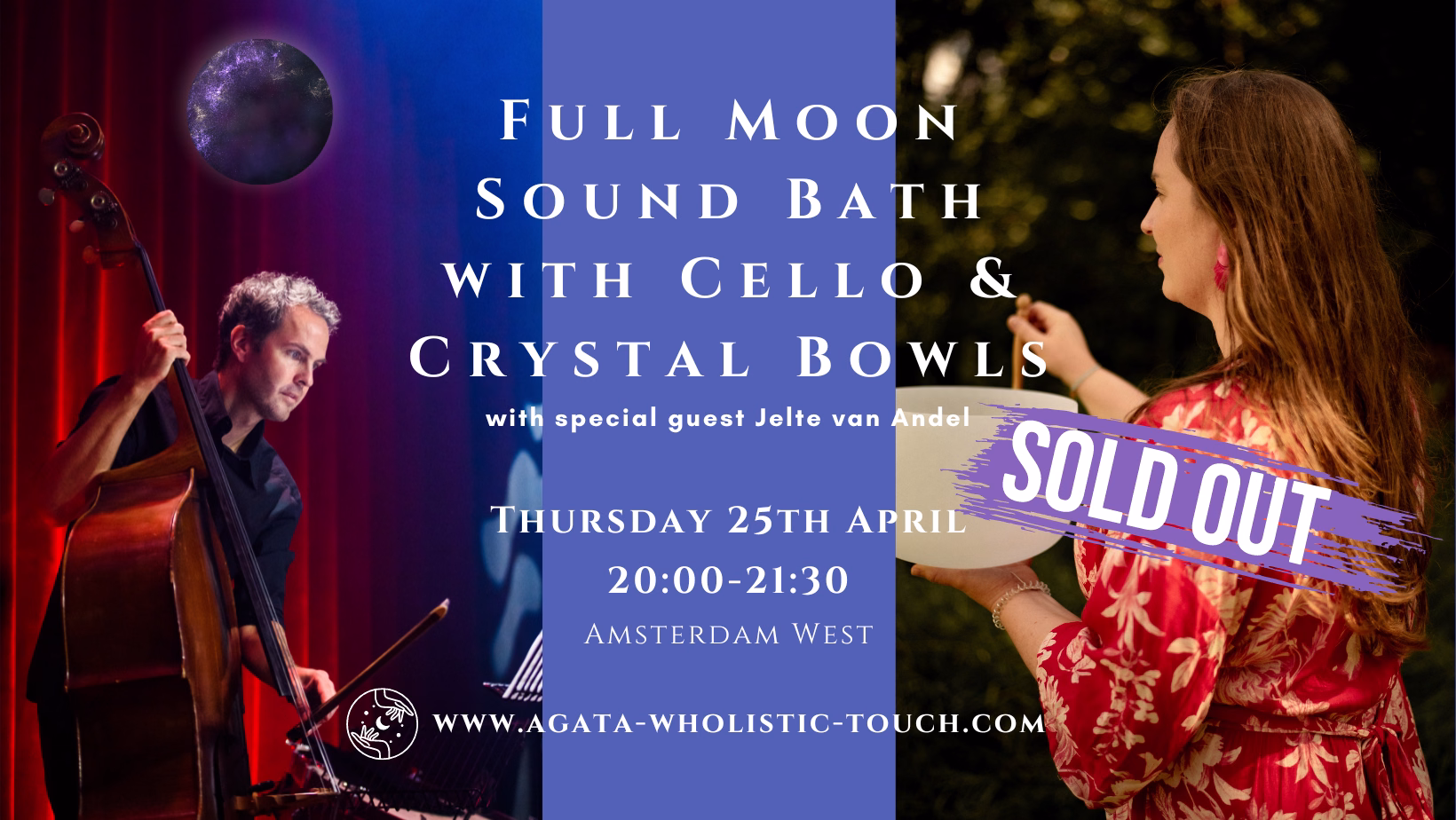 "Full Moon Sound Bath with Cello & Crystal Bowls" flyer with a man playing cello and a woman holding crystal bowls