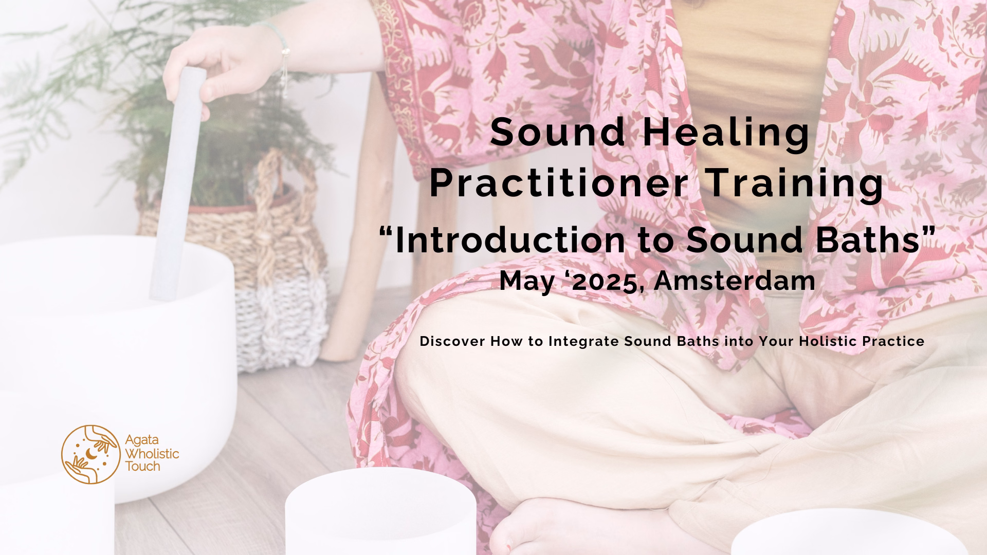 "Sound Healing Practitioner Training" flyer with person holding crystal bowl and sitting cross-legged