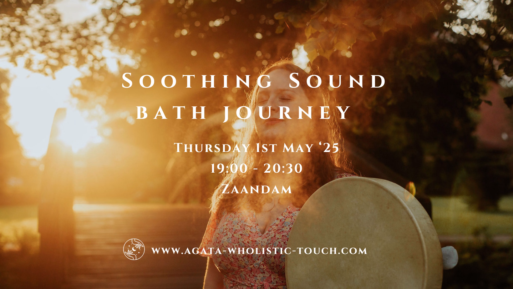 "Soothing Sound Bath Journey" poster with woman holding drum in sunset