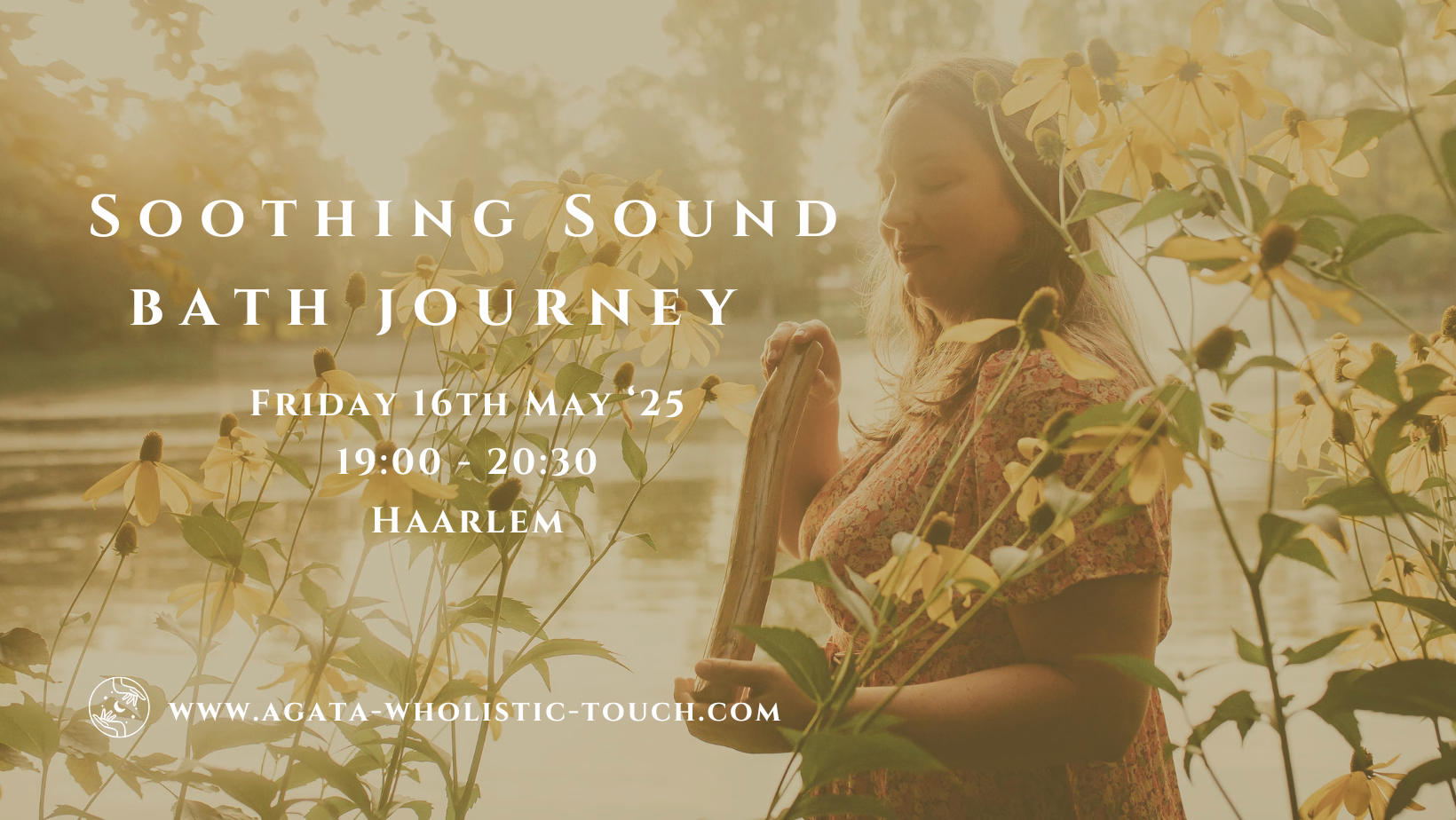 "Soothing Sound Bath Journey" poster with a woman holding a crystal bowl amidst flowers