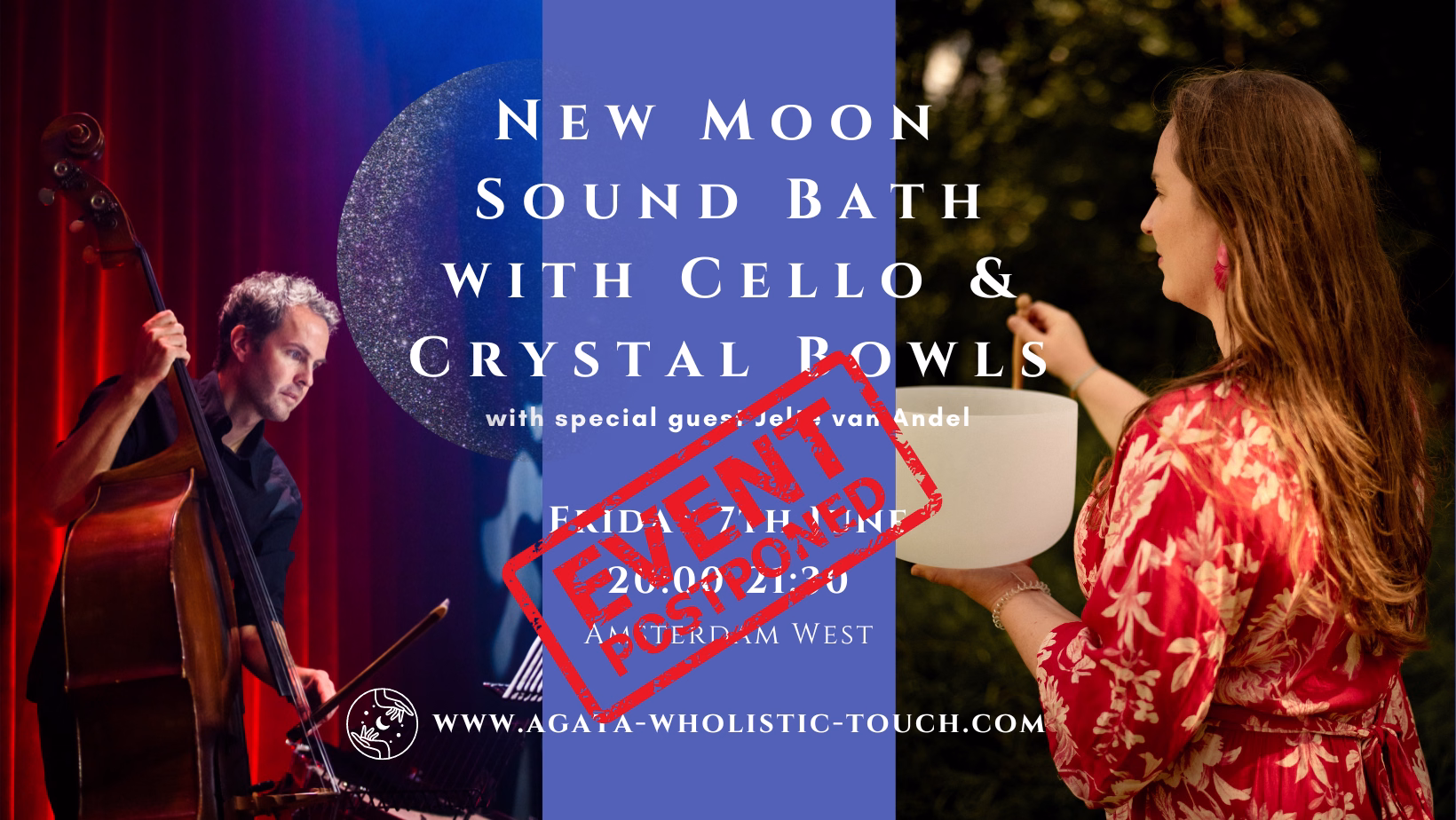 "New Moon Sound Bath with Cello & Crystal Bowls" flyer with a man playing cello and a woman holding a crystal bowl
