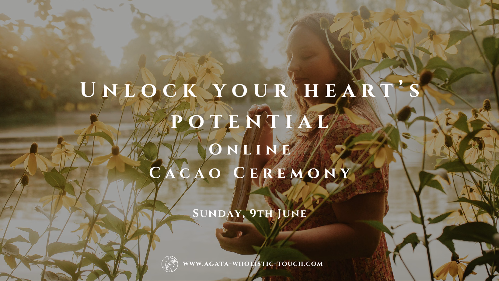 "Unlock Your Heart's Potential" poster with a woman amidst flowers and a river