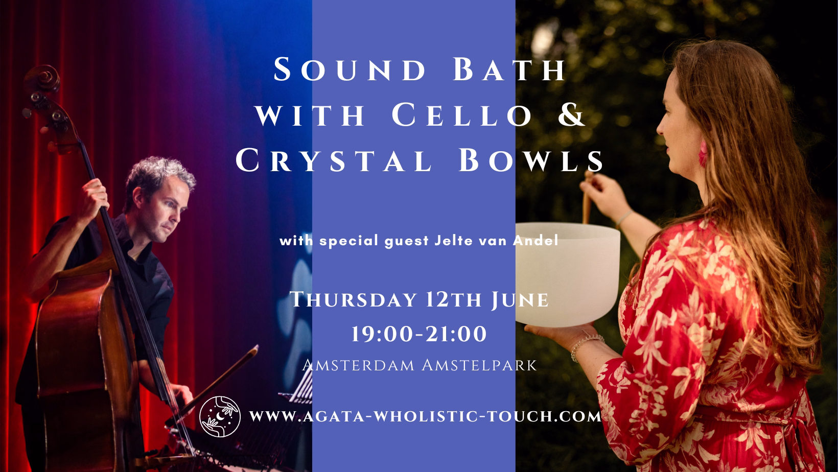 "Sound Bath with Cello & Crystal Bowls" flyer with a man playing cello and a woman holding a crystal bowl