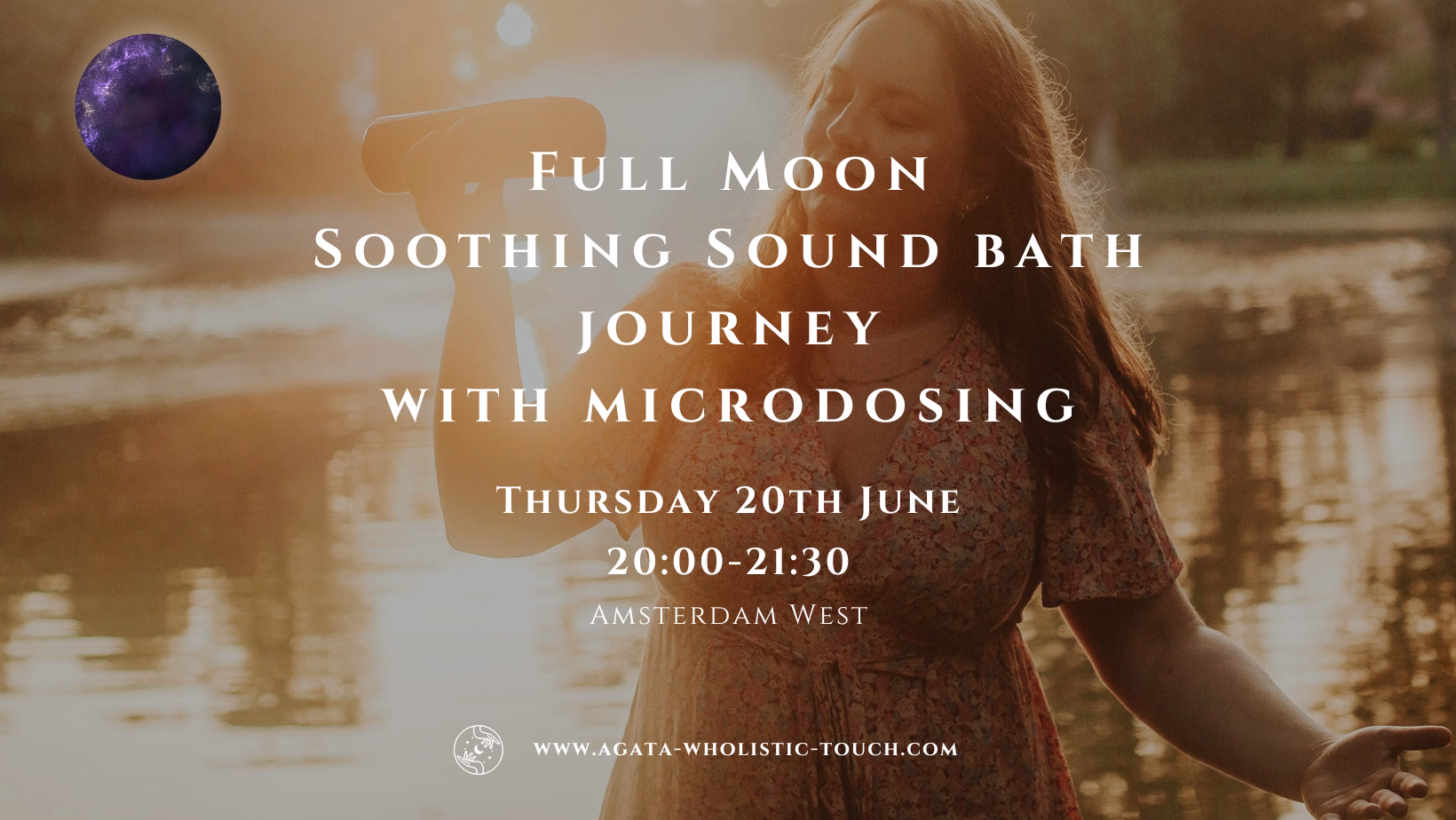 "Full Moon Soothing Sound Bath Journey with Microdosing" poster with a woman in a dress by a lake