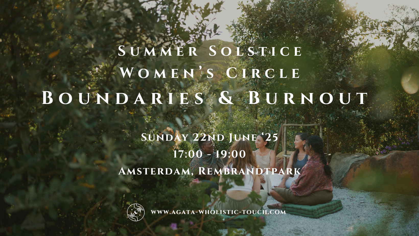 "Summer Solstice Women's Circle Boundaries & Burnout" poster with women sitting in a circle in a park