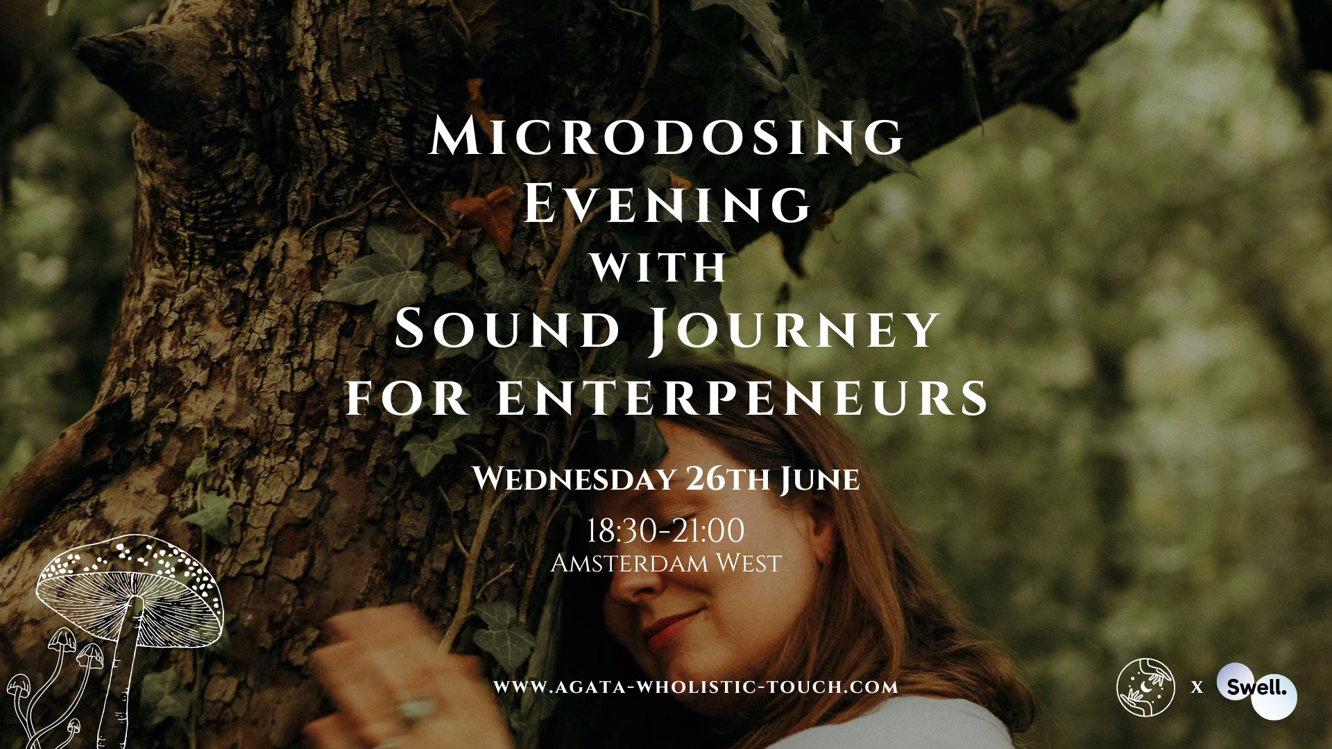 "Microdosing Evening with Sound Journey for Entrepreneurs" flyer with a woman and a tree