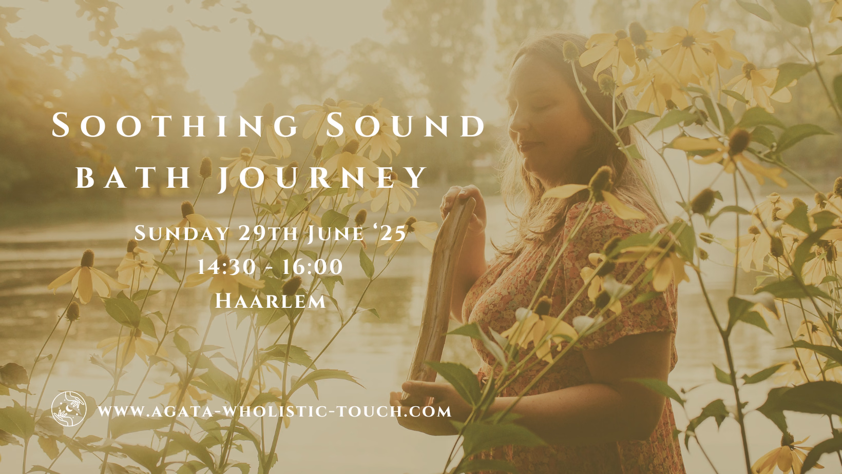 "Soothing Sound Bath Journey" poster with a woman holding a crystal bowl amidst flowers
