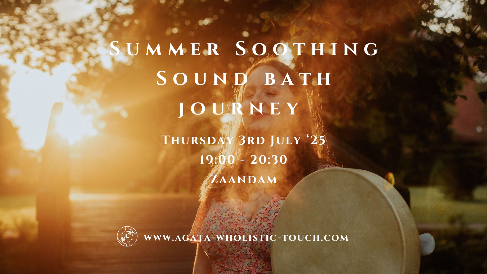 "Summer Soothing Sound Bath Journey" poster with woman and drum in sunset