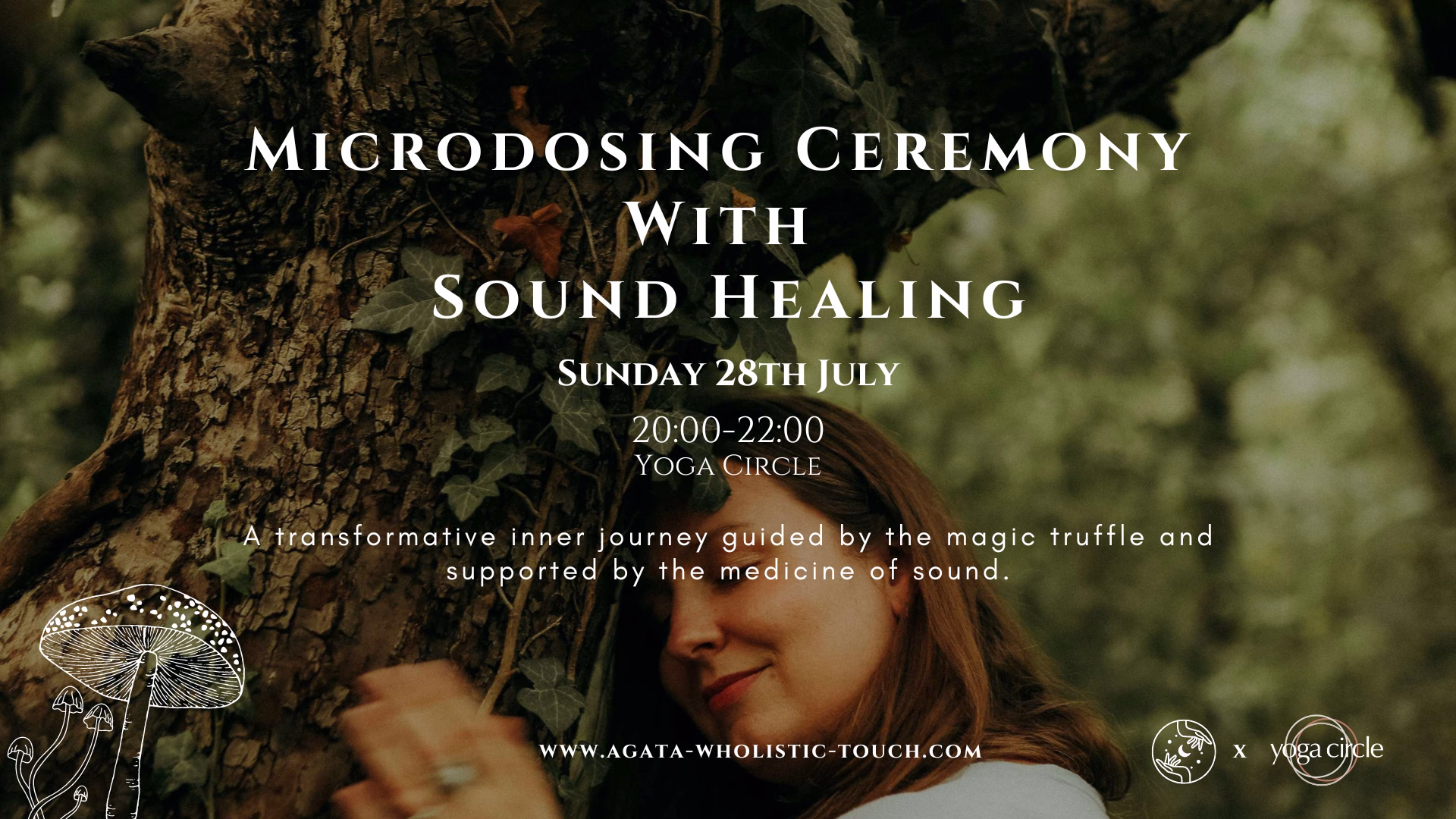 "Microdosing Ceremony with Sound Healing" poster with a woman leaning against a tree