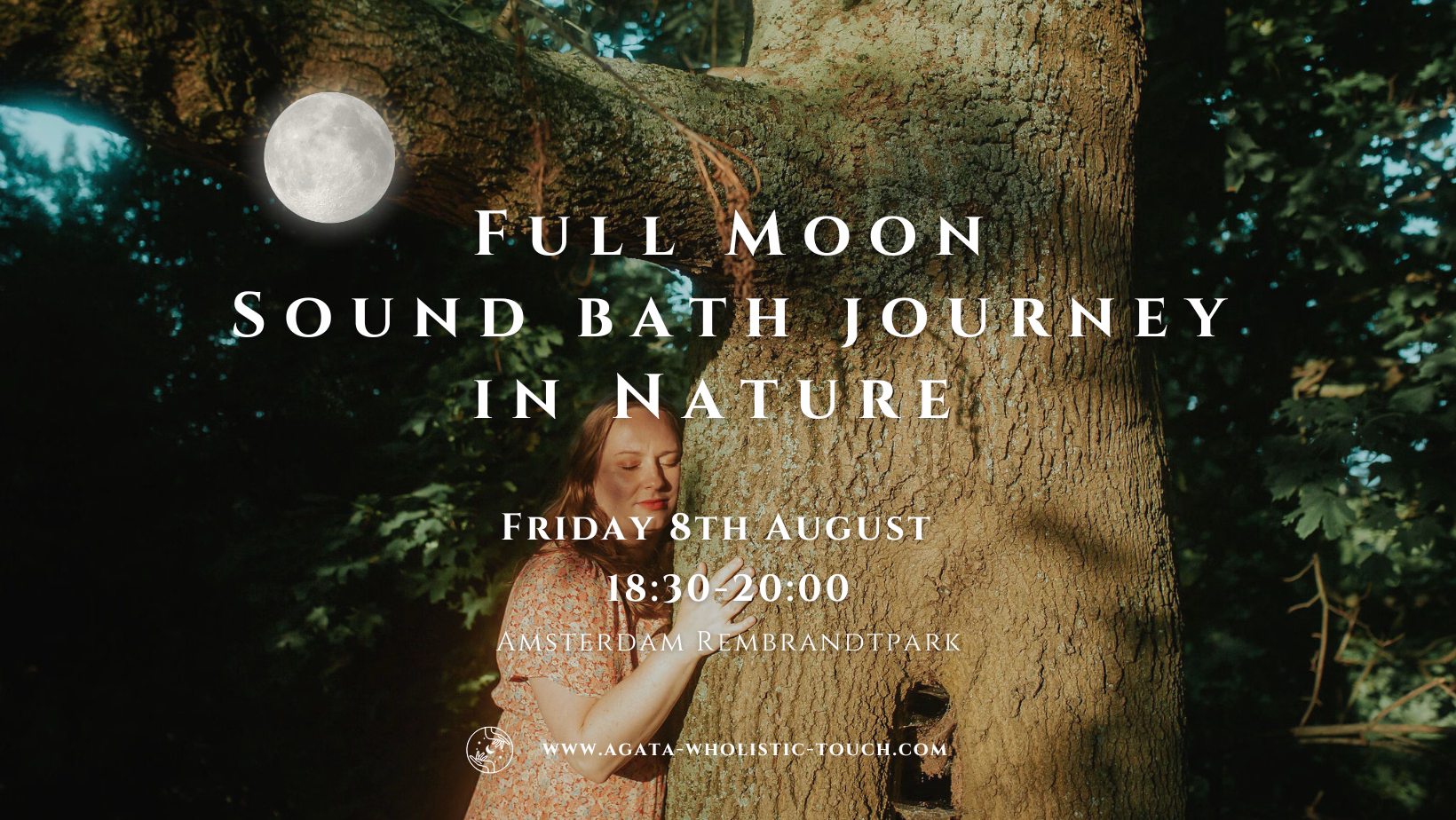 "Full Moon Sound Bath Journey in Nature" poster with a woman in a forest at night