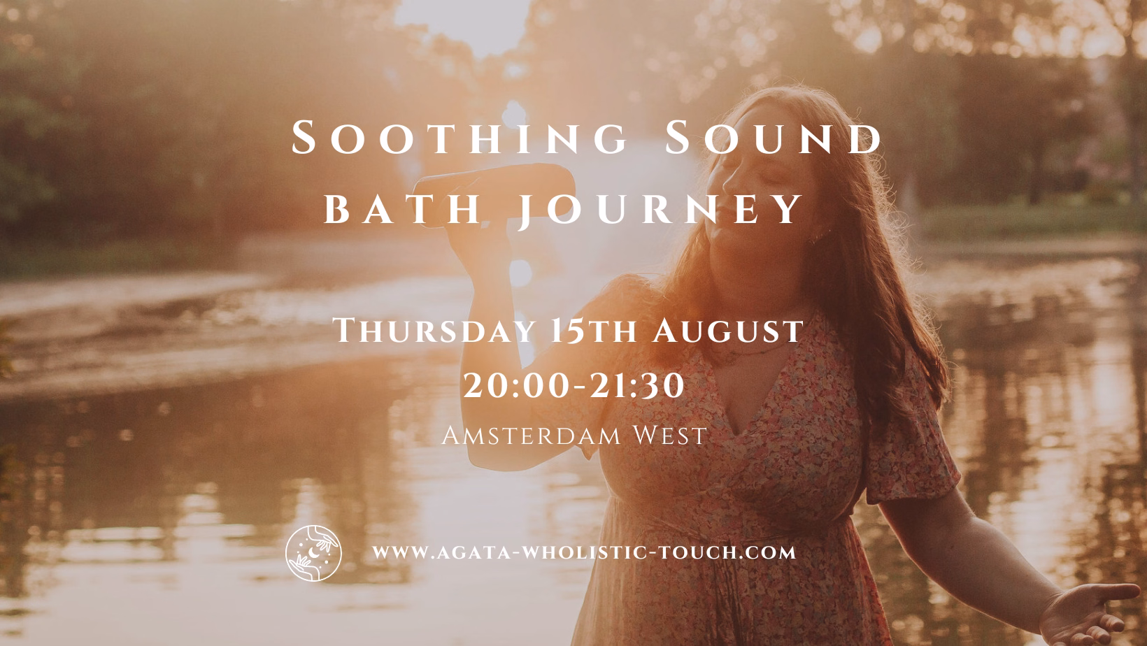 "Soothing Sound Bath Journey" poster with woman in front of lake
