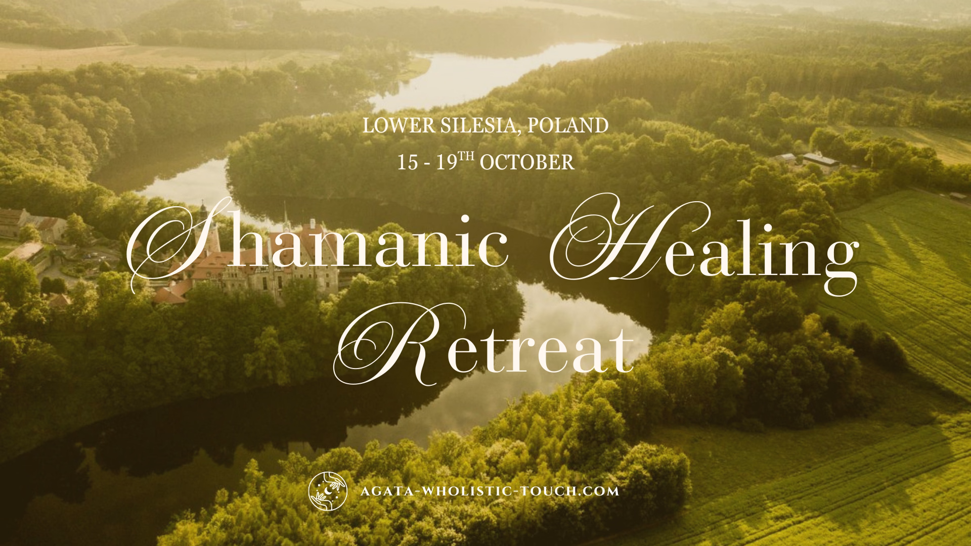 "Shamanic Healing Retreat" poster with a serene landscape and a castle