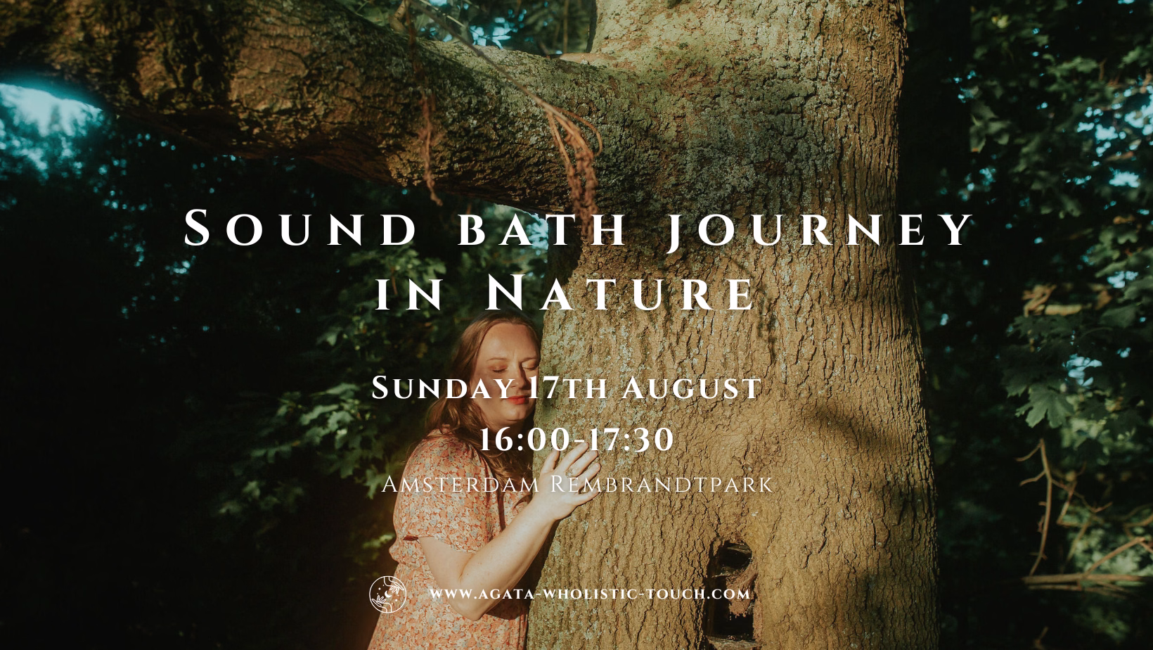 "Sound Bath Journey in Nature" poster with a woman leaning against a tree in a forest