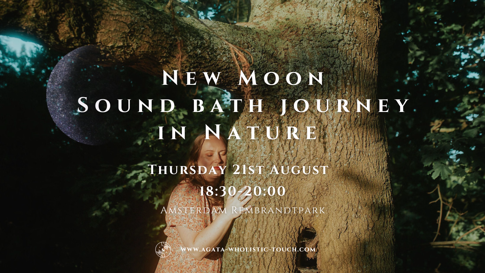 "New Moon Sound Bath Journey in Nature" flyer with a woman hugging a tree in a forest