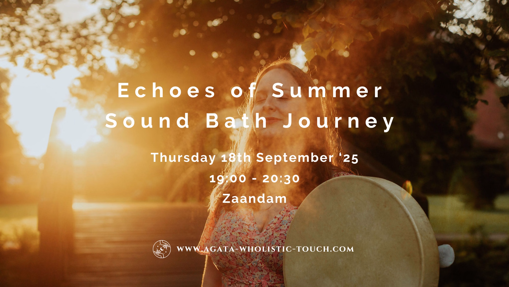 "Echoes of Summer Sound Bath Journey" poster with woman holding drum in sunset