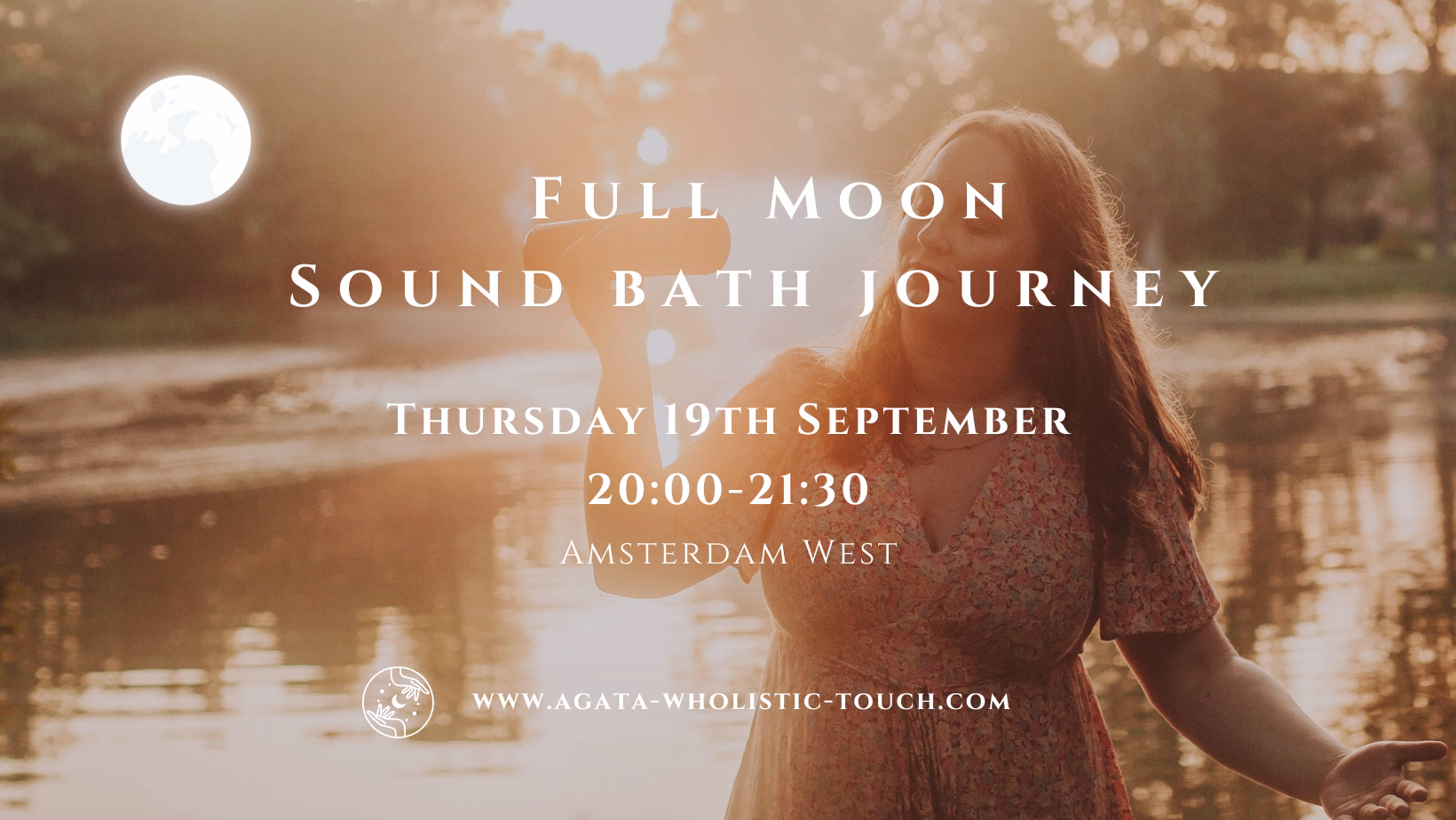 "Full Moon Sound Bath Journey" poster with a woman in a dress by a lake