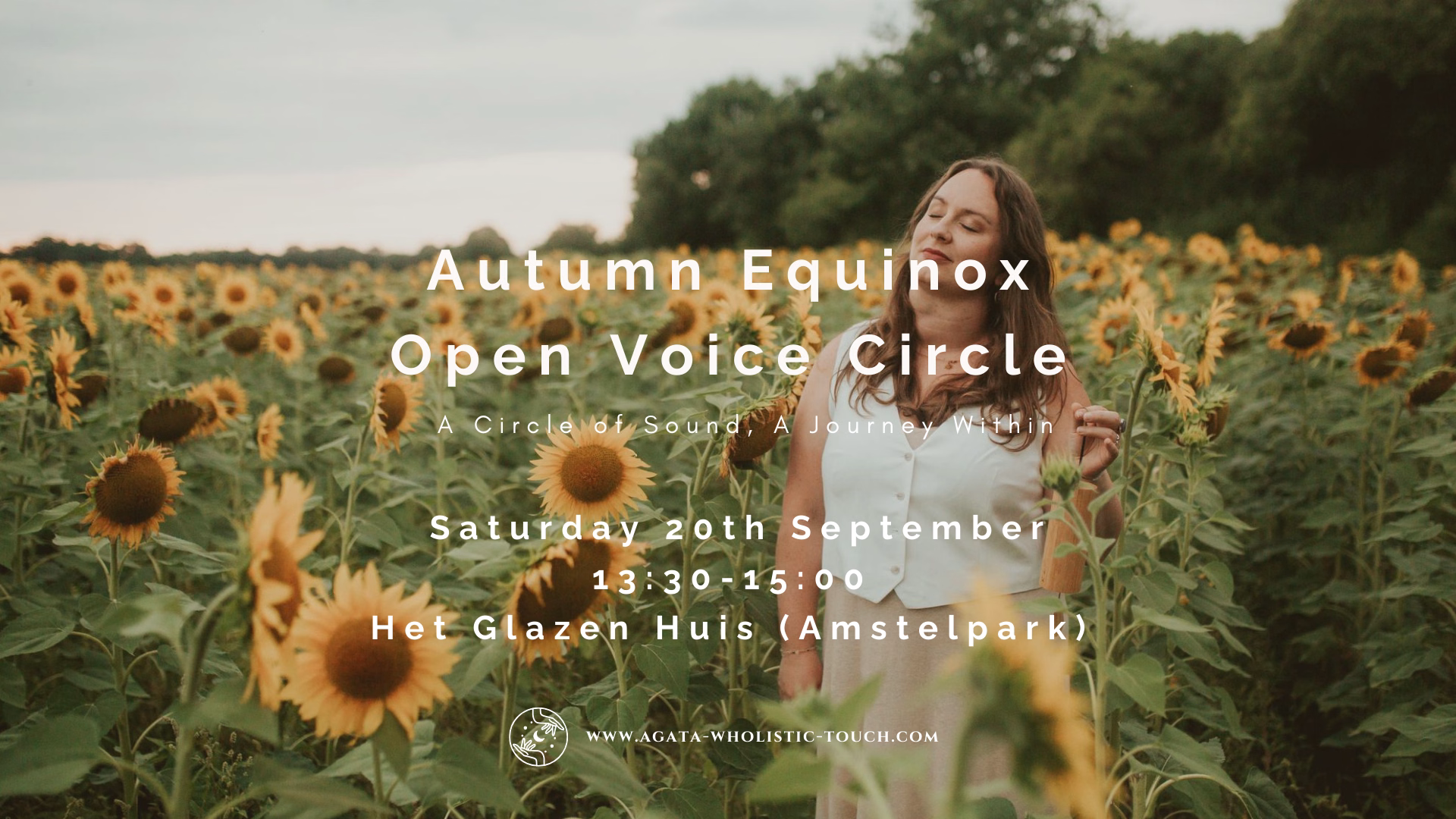 "Autumn Equinox Open Voice Circle" flyer with a woman in a sunflower field