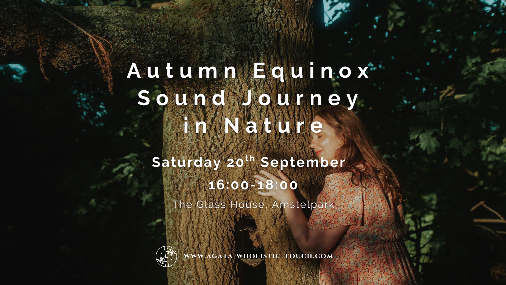 "Autumn Equinox Sound Journey in Nature" poster with a woman leaning against a tree
