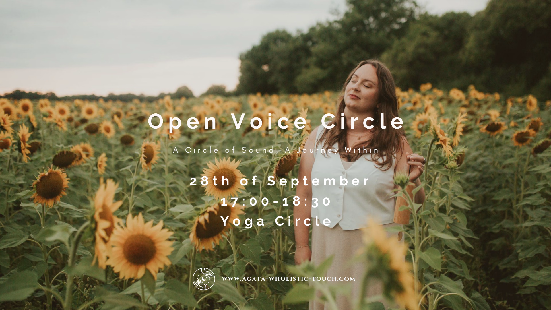 "Open Voice Circle" flyer with a woman in a sunflower field
