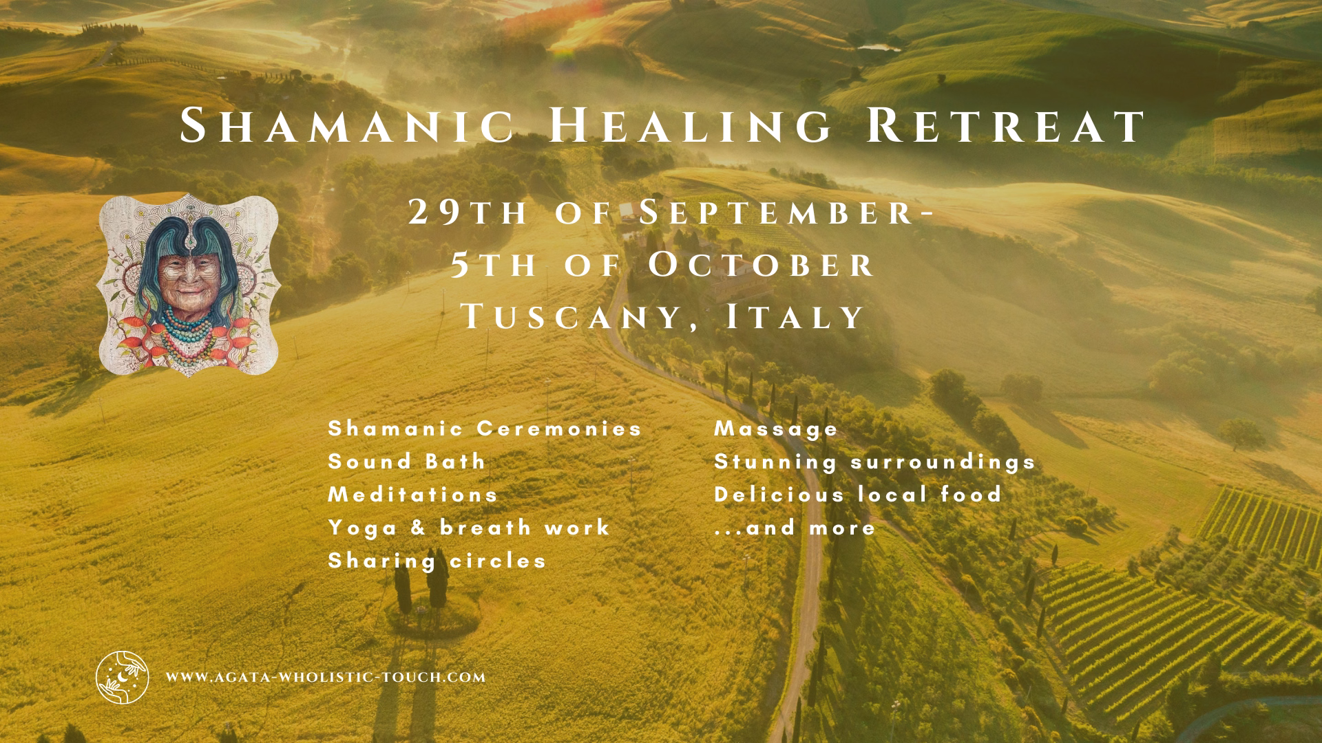"Shamanic Healing Retreat" poster with rolling hills and a smiling woman