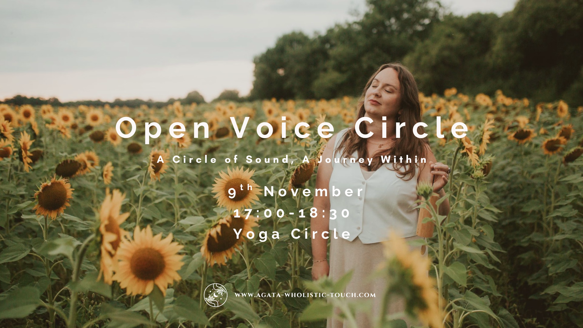 "Open Voice Circle" flyer with a woman in a sunflower field