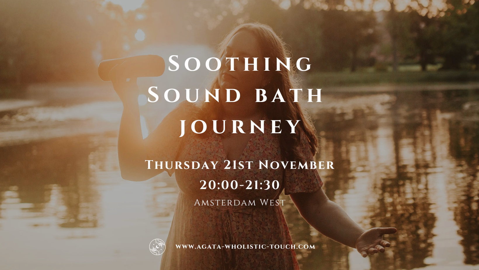 "Soothing Sound Bath Journey" poster with woman by water