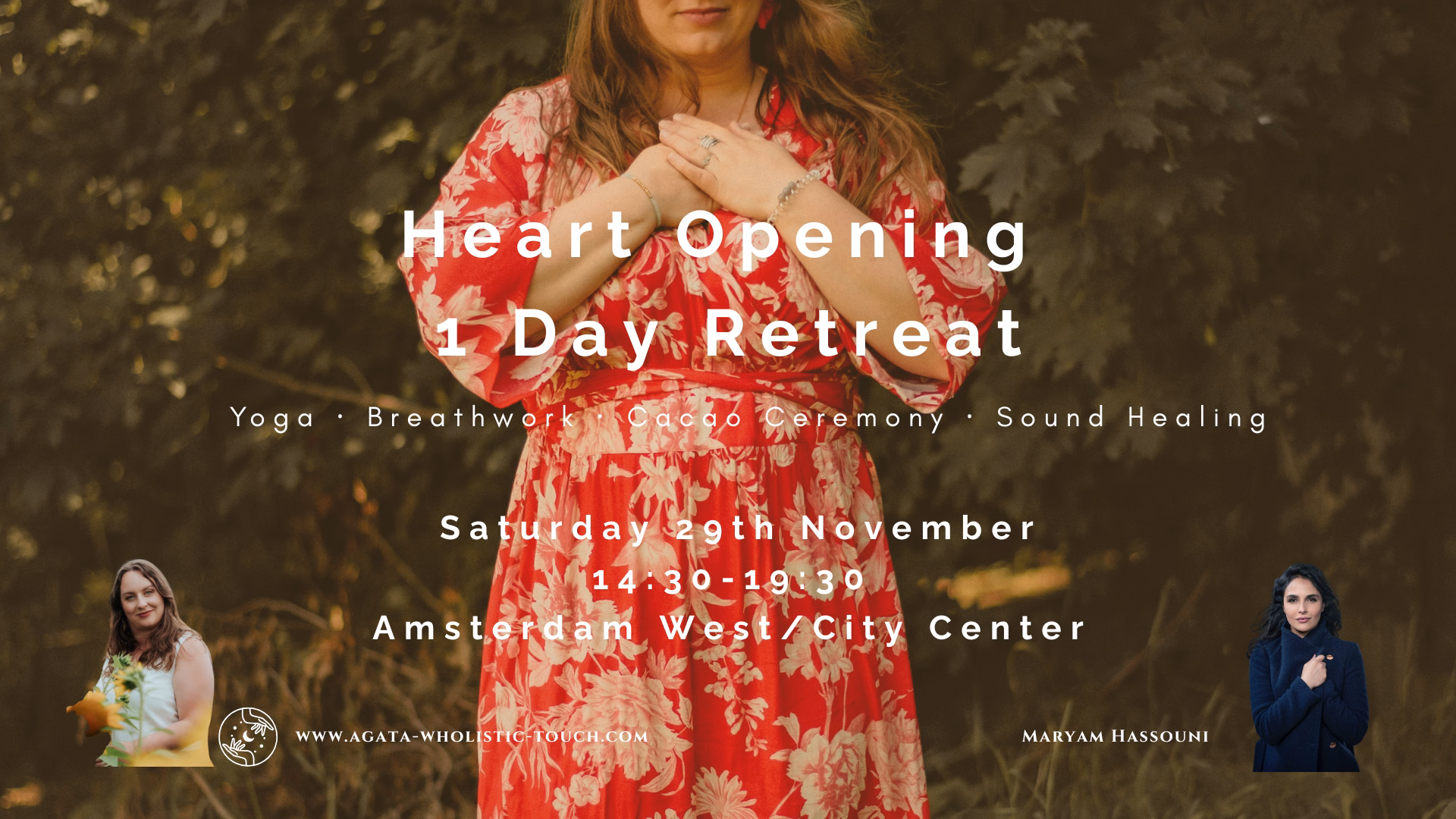 "Heart Opening 1 Day Retreat" flyer with woman in red dress, two other women, and text listing retreat details