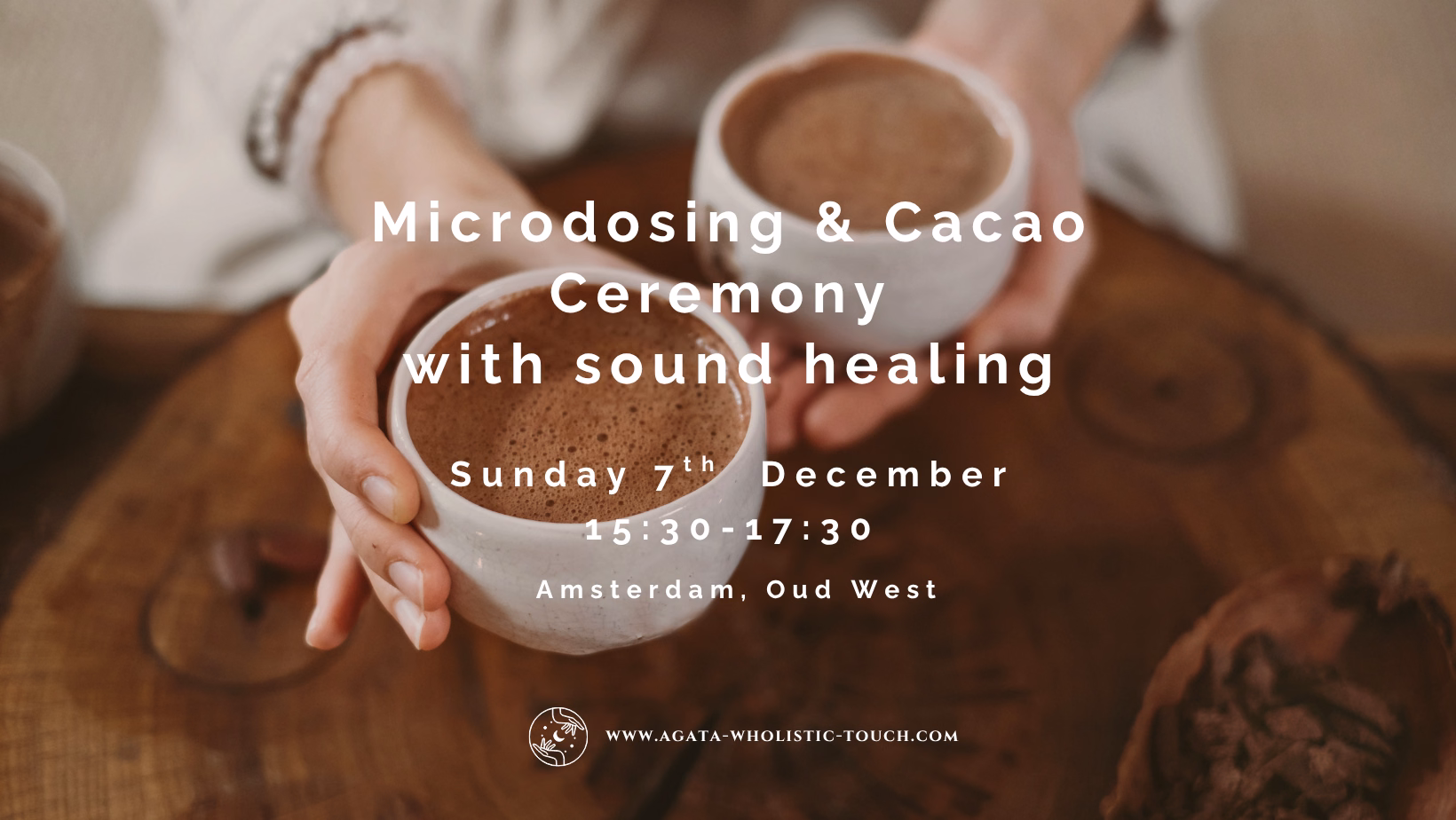"Microdosing & Cacao Ceremony with sound healing" poster with hands holding cups of cacao