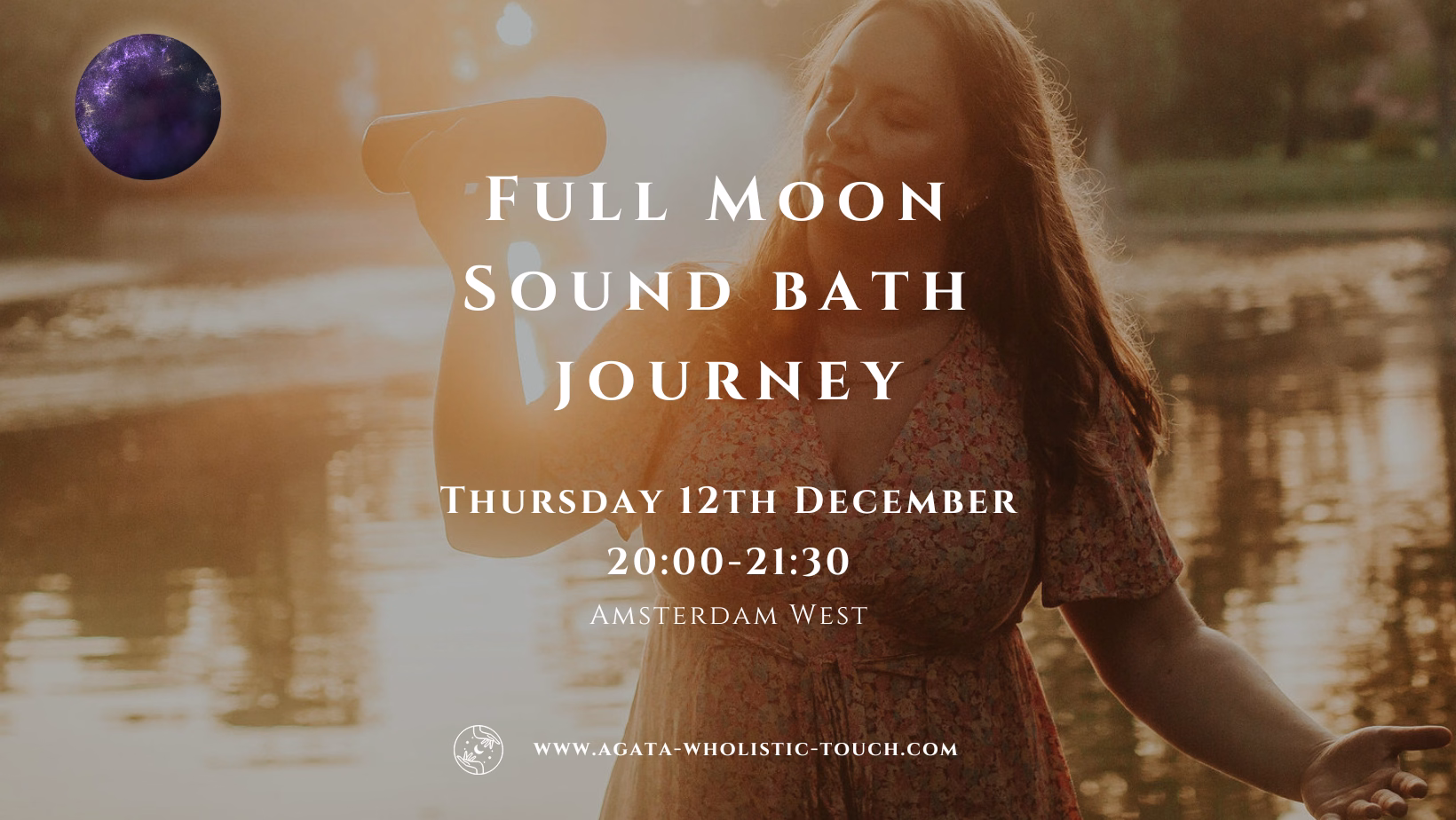 "Full Moon Sound Bath Journey" poster with a woman holding a crystal bowl and a serene lake background