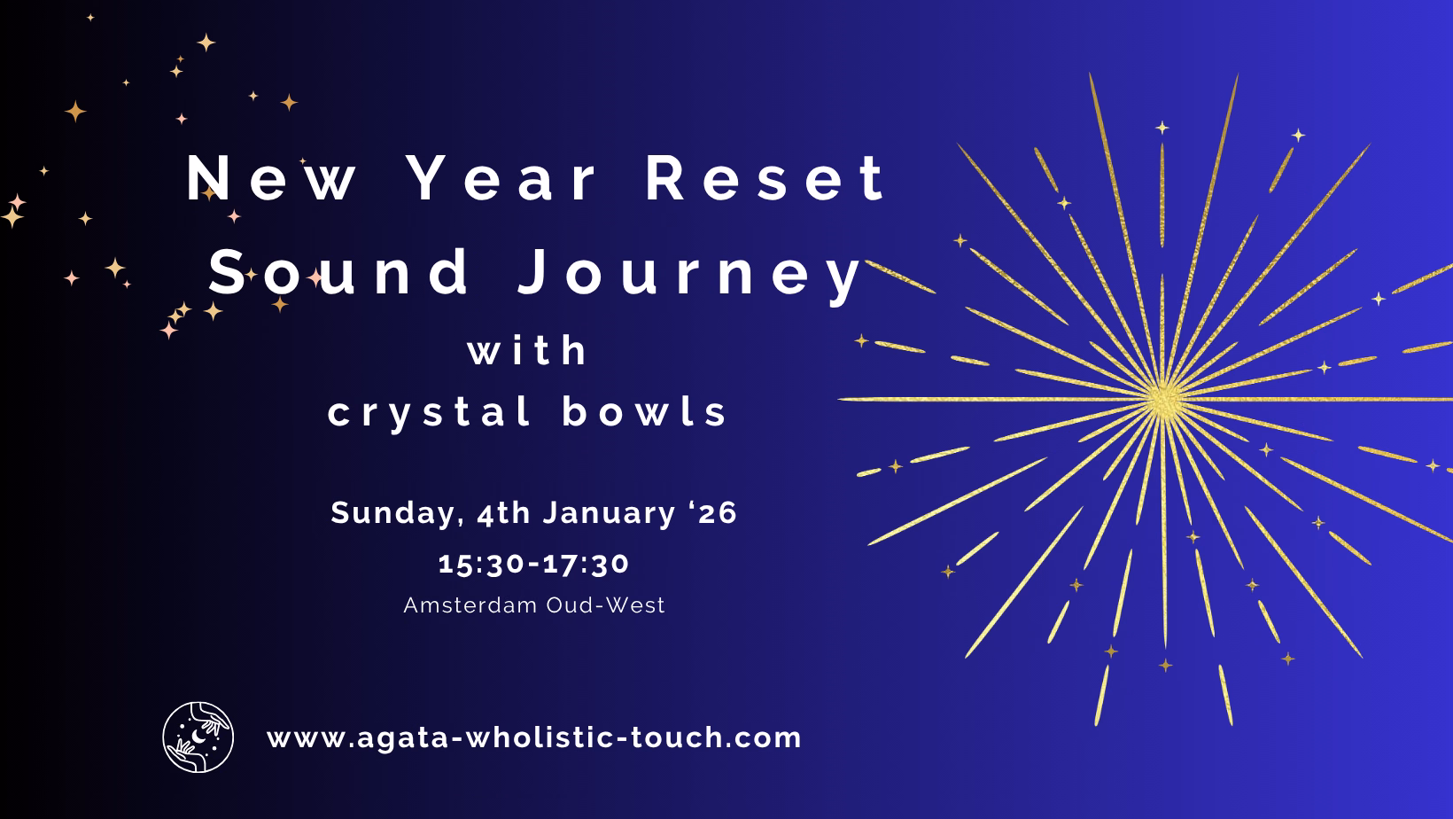 "New Year Reset Sound Journey with Crystal Bowls" flyer with a starburst and text details