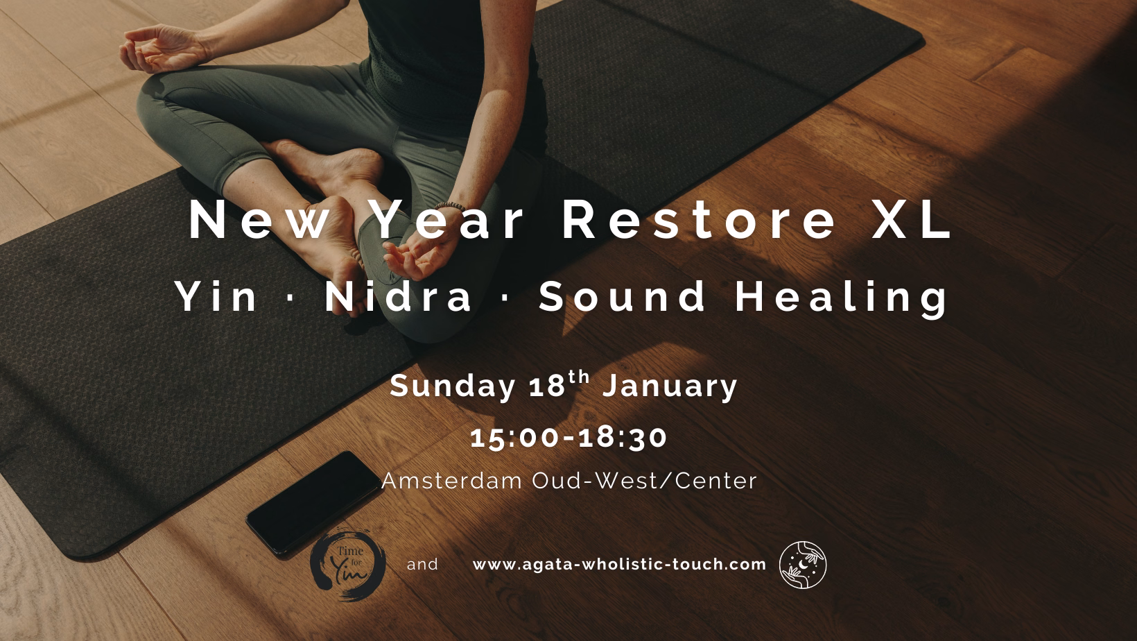 "New Year Restore XL Yin Nidra Sound Healing" flyer with person in yoga pose on mat