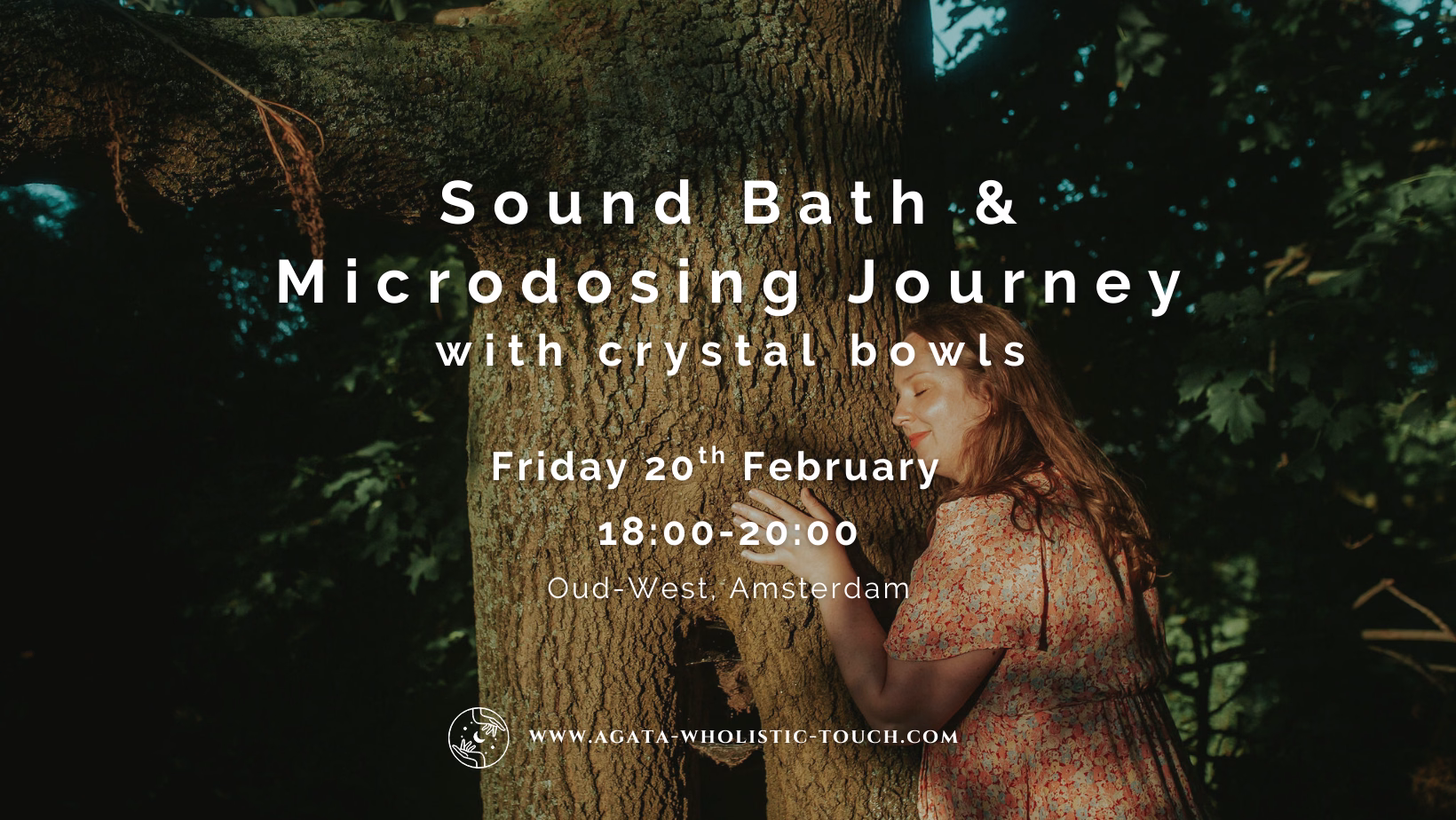 "Sound Bath & Microdosing Journey with crystal bowls" poster with a woman hugging a tree