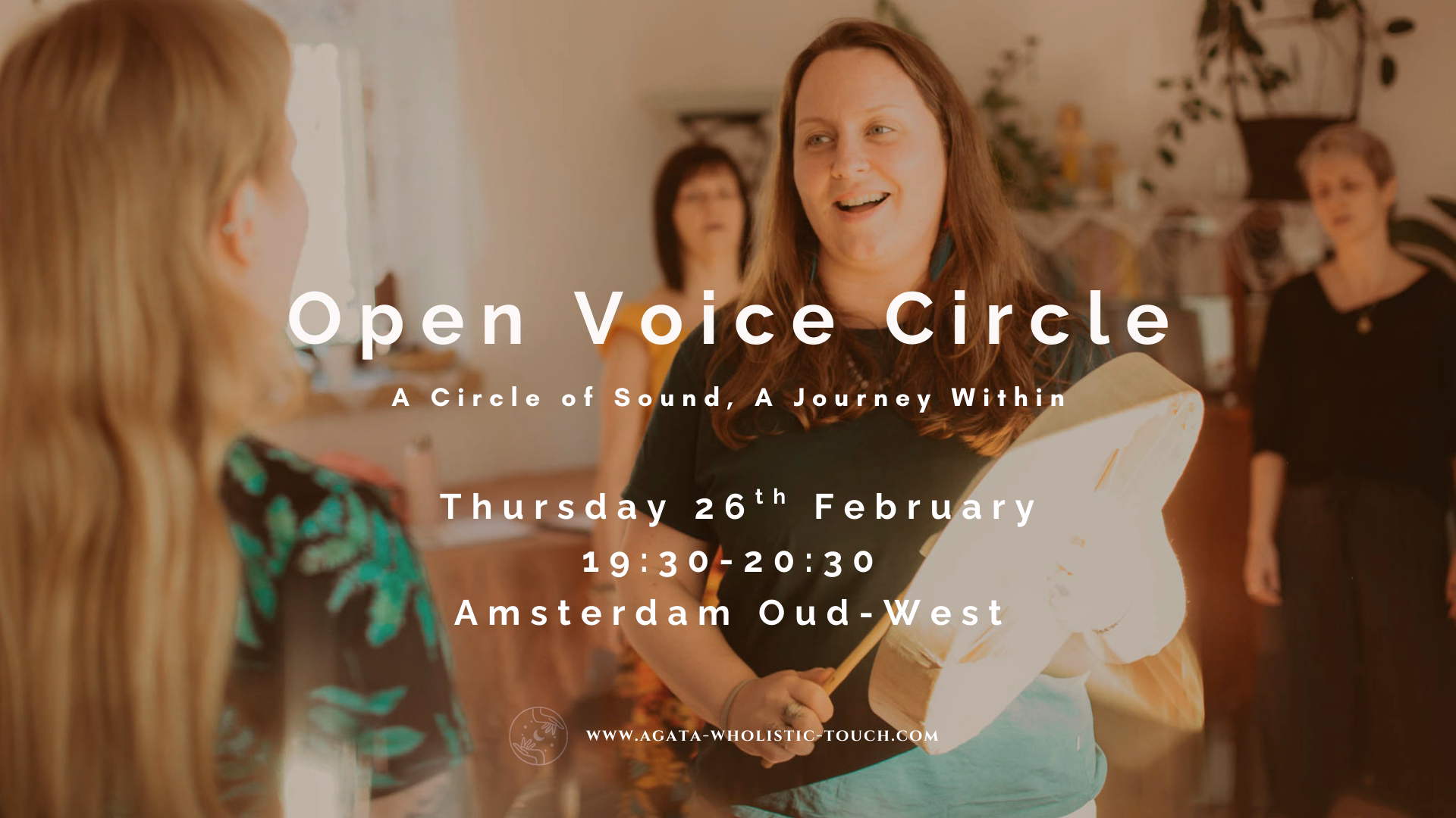 "Open Voice Circle" flyer with two women and a drum