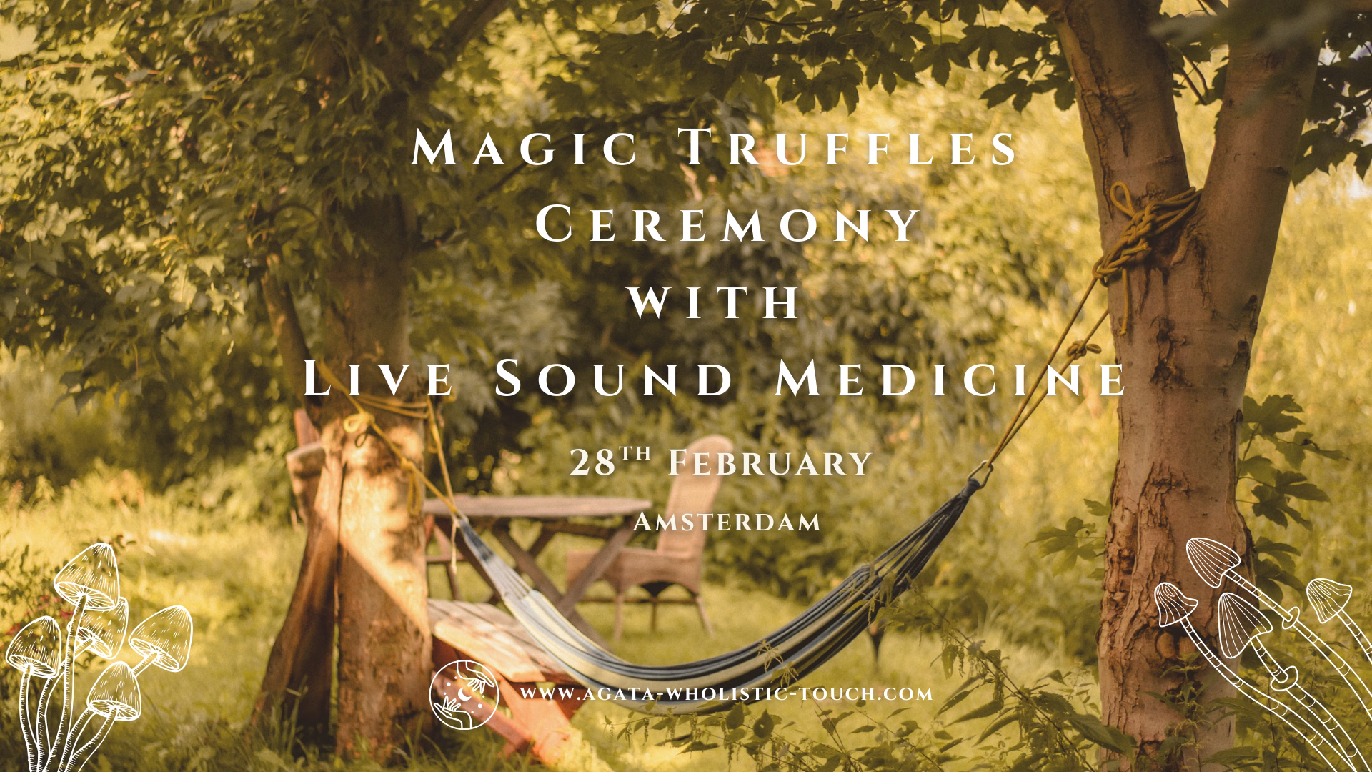 "Magic Truffles Ceremony with Live Sound Medicine" poster with a hammock and picnic table in a lush garden