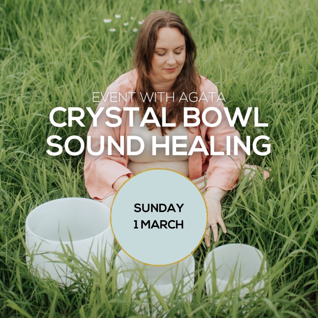 "Event with Agata: Crystal Bowl Sound Healing" poster with a woman in a field and crystal bowls