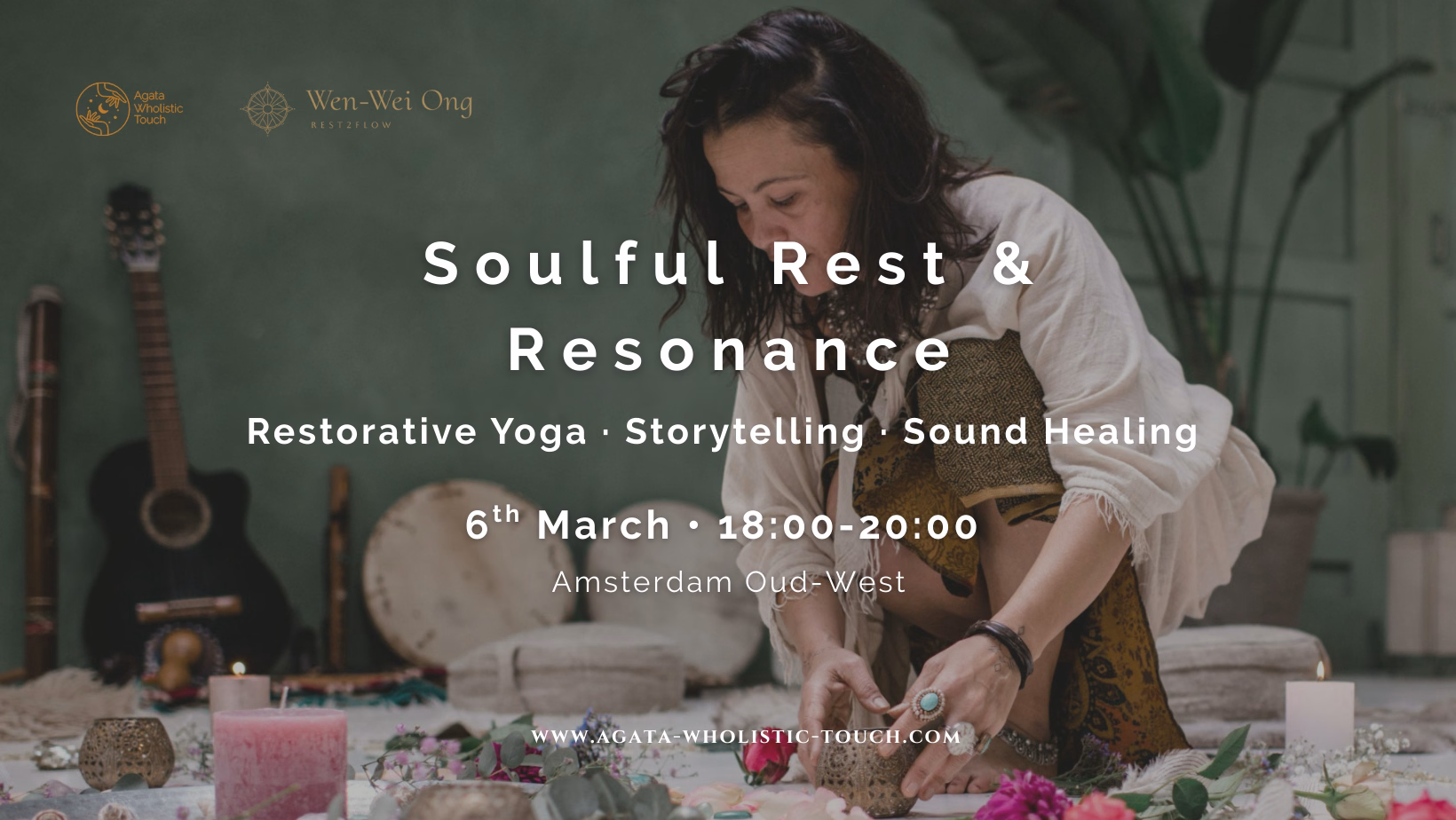 Poster for 'Soulful Rest & Resonance' featuring a woman in a serene setting with candles and musical instruments