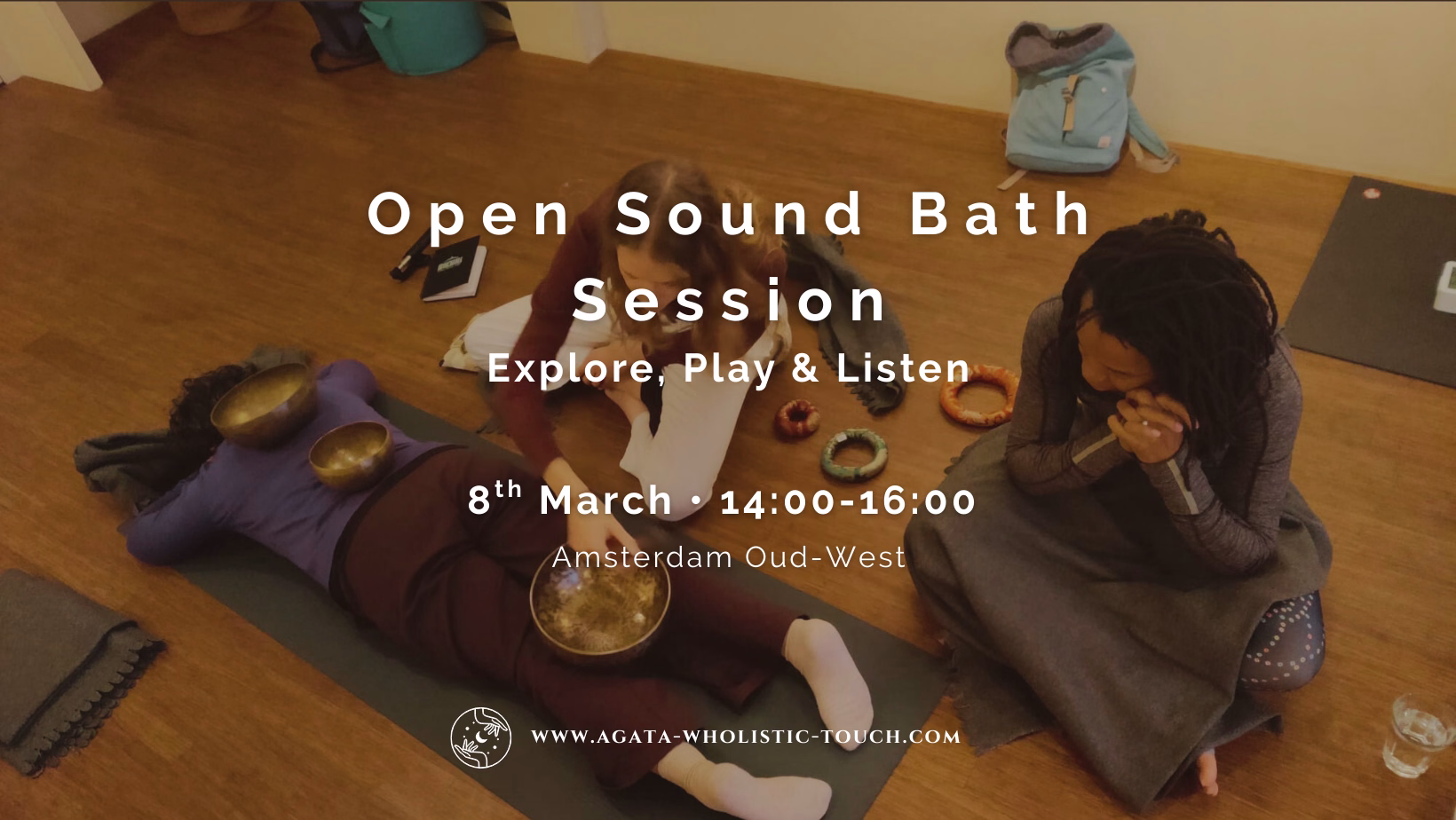 "Open Sound Bath Session" flyer with two women and singing bowls