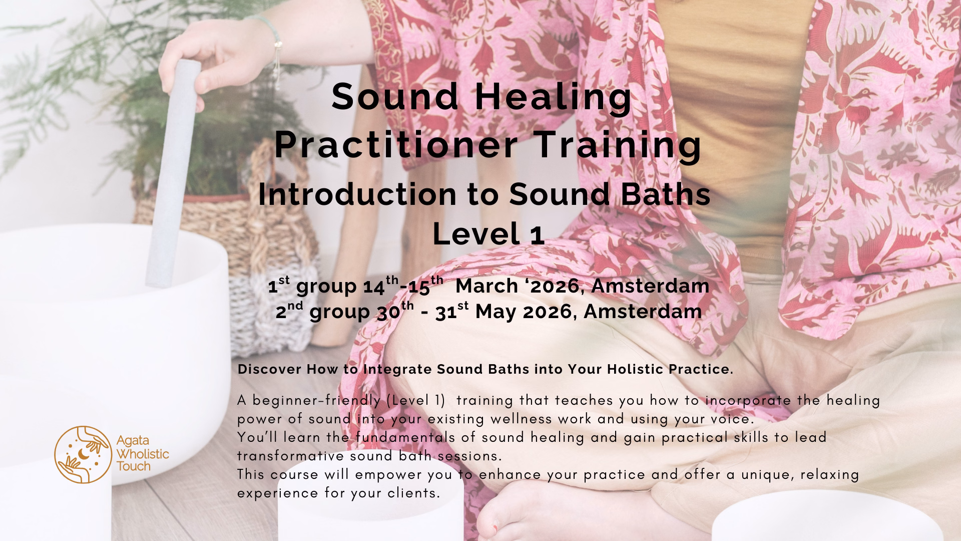 "Sound Healing Practitioner Training" poster with person holding a sound healing instrument