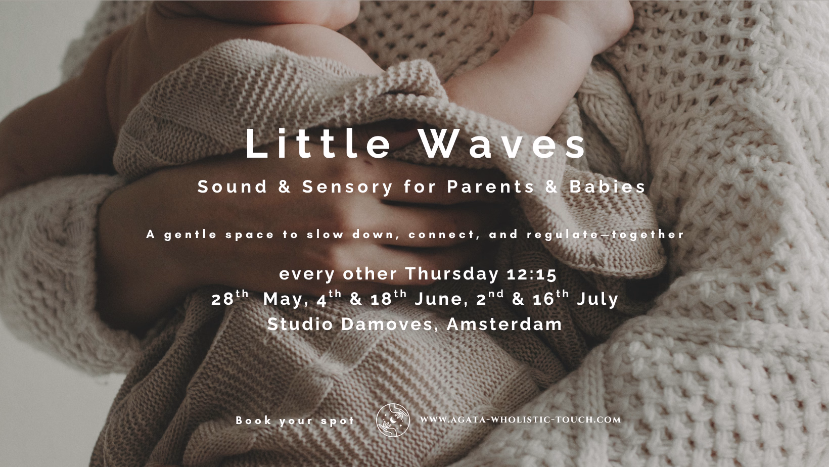 "Little Waves" poster with hands wrapped in a cozy blanket