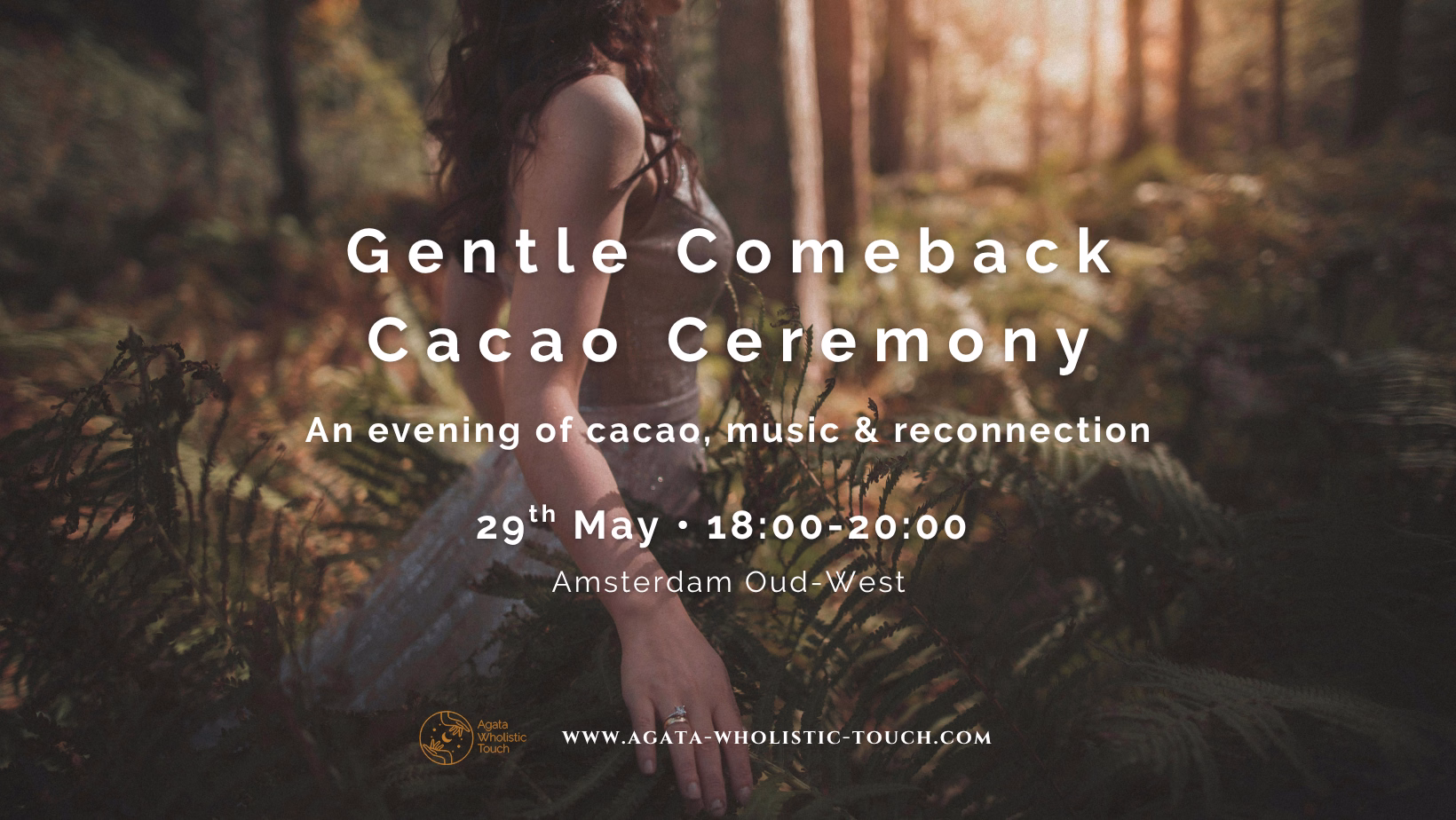 Poster for Gentle Comeback Cacao Ceremony with a woman in a forest setting
