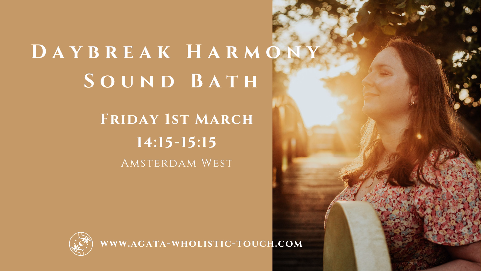 "Daybreak Harmony Sound Bath" poster with woman in sunset